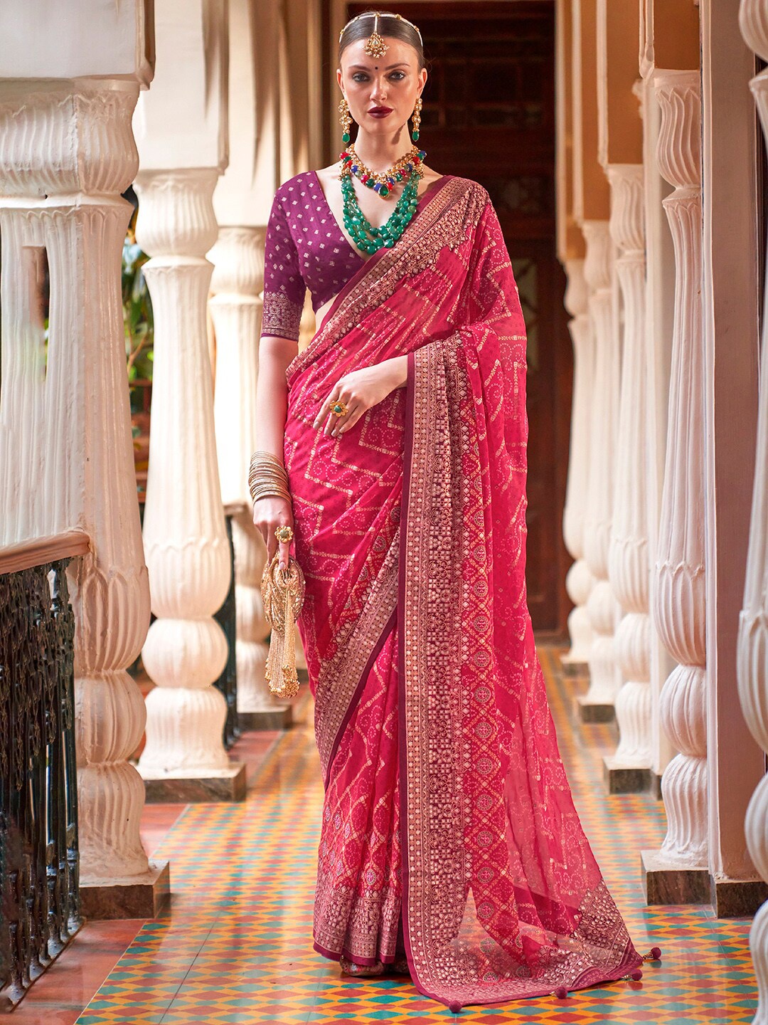 

Anouk Pink & Maroon Bandhani Beads and Stones Pure Georgette Saree