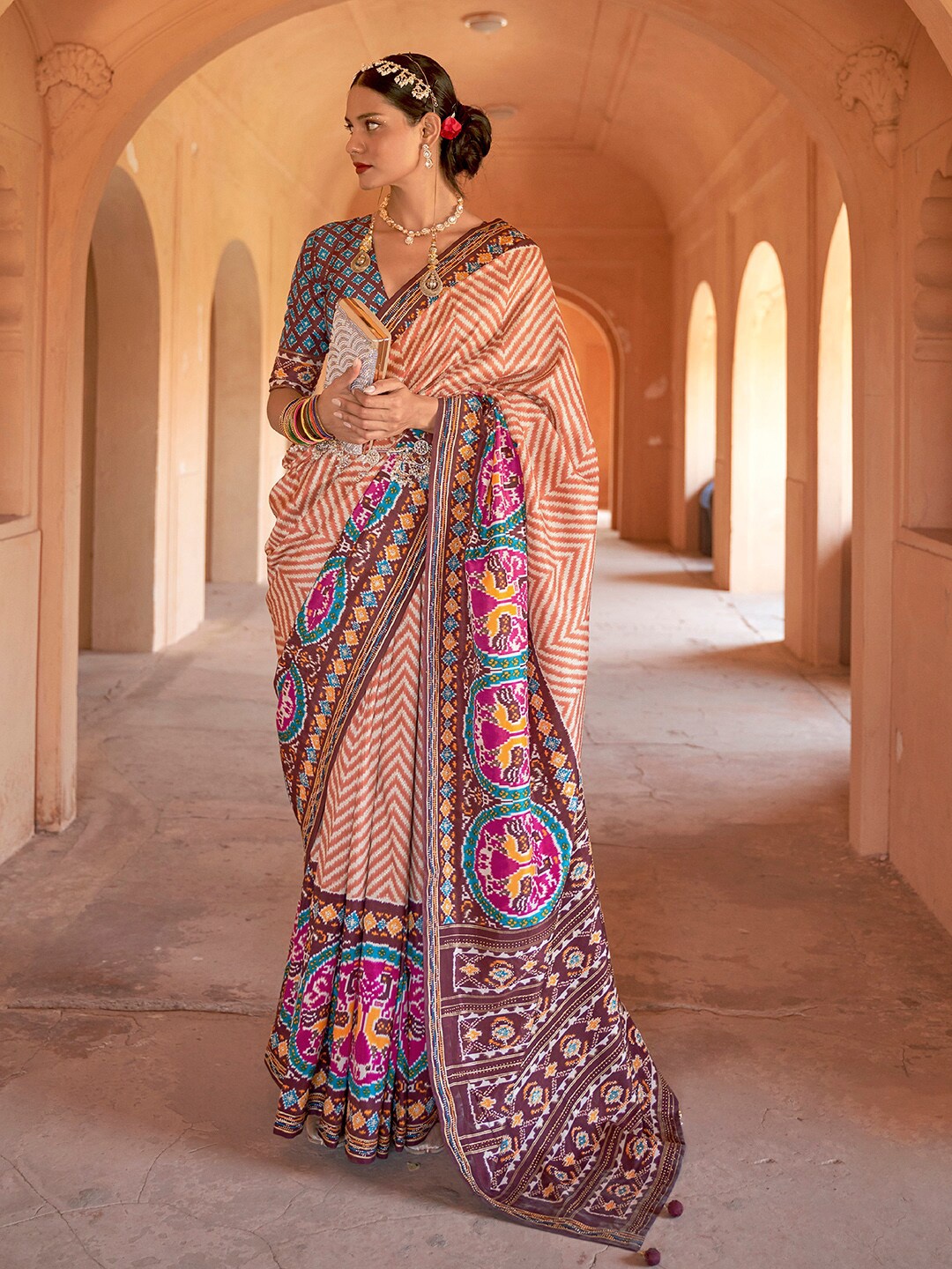 

Anouk Peach-Coloured & Blue Chevron Beads and Stones Patola Saree