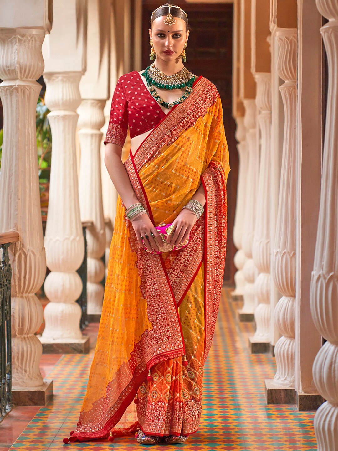 

Anouk Yellow & Maroon Bandhani Pure Georgette Saree