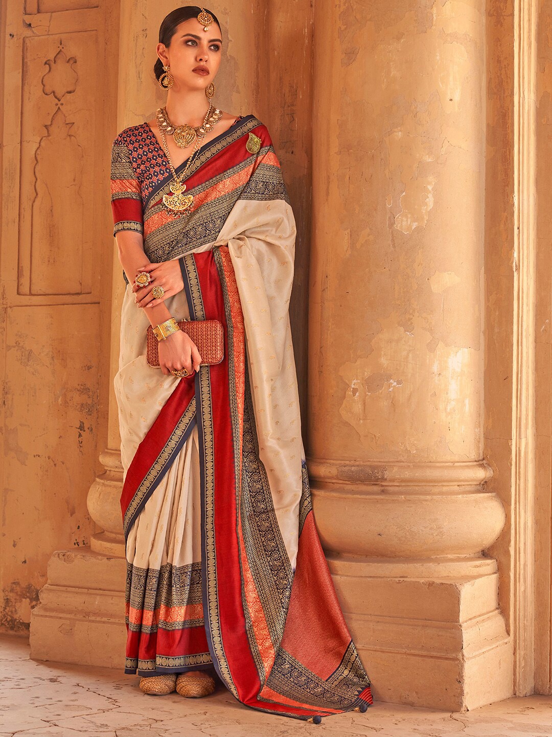 

Anouk Cream-Coloured & Red Paisley Woven Design Zari Banarasi Saree