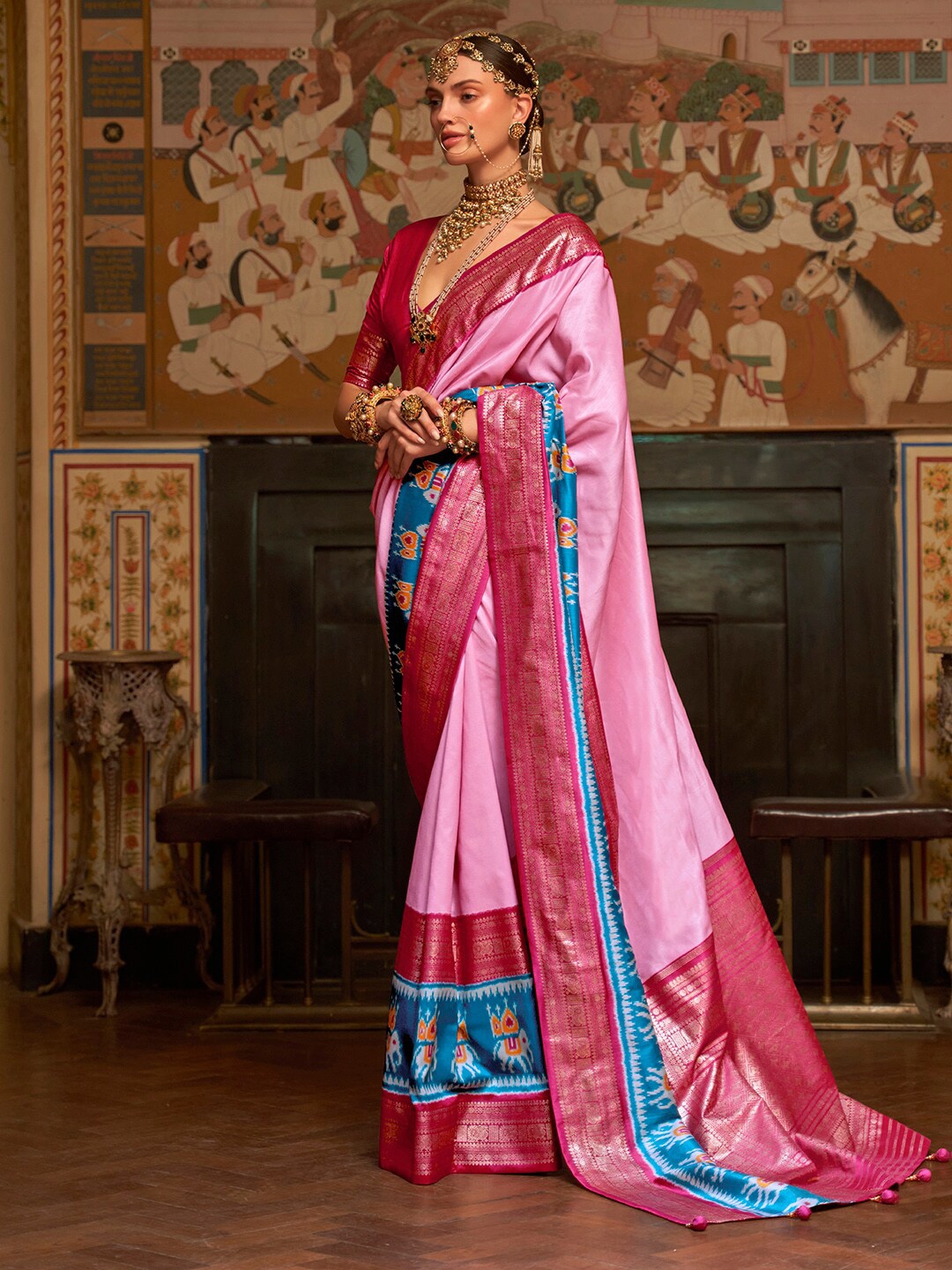 

Anouk Pink & Blue Zari Patola Saree