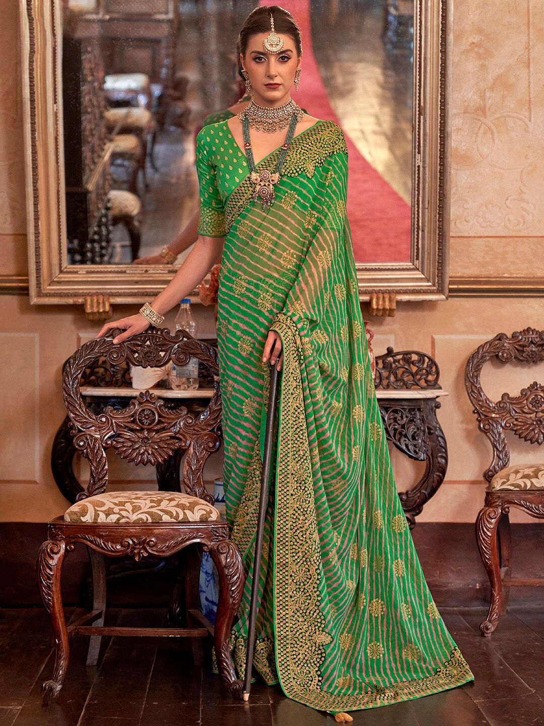 

Anouk Green & Mustard Leheriya Sequinned Pure Georgette Leheriya Saree