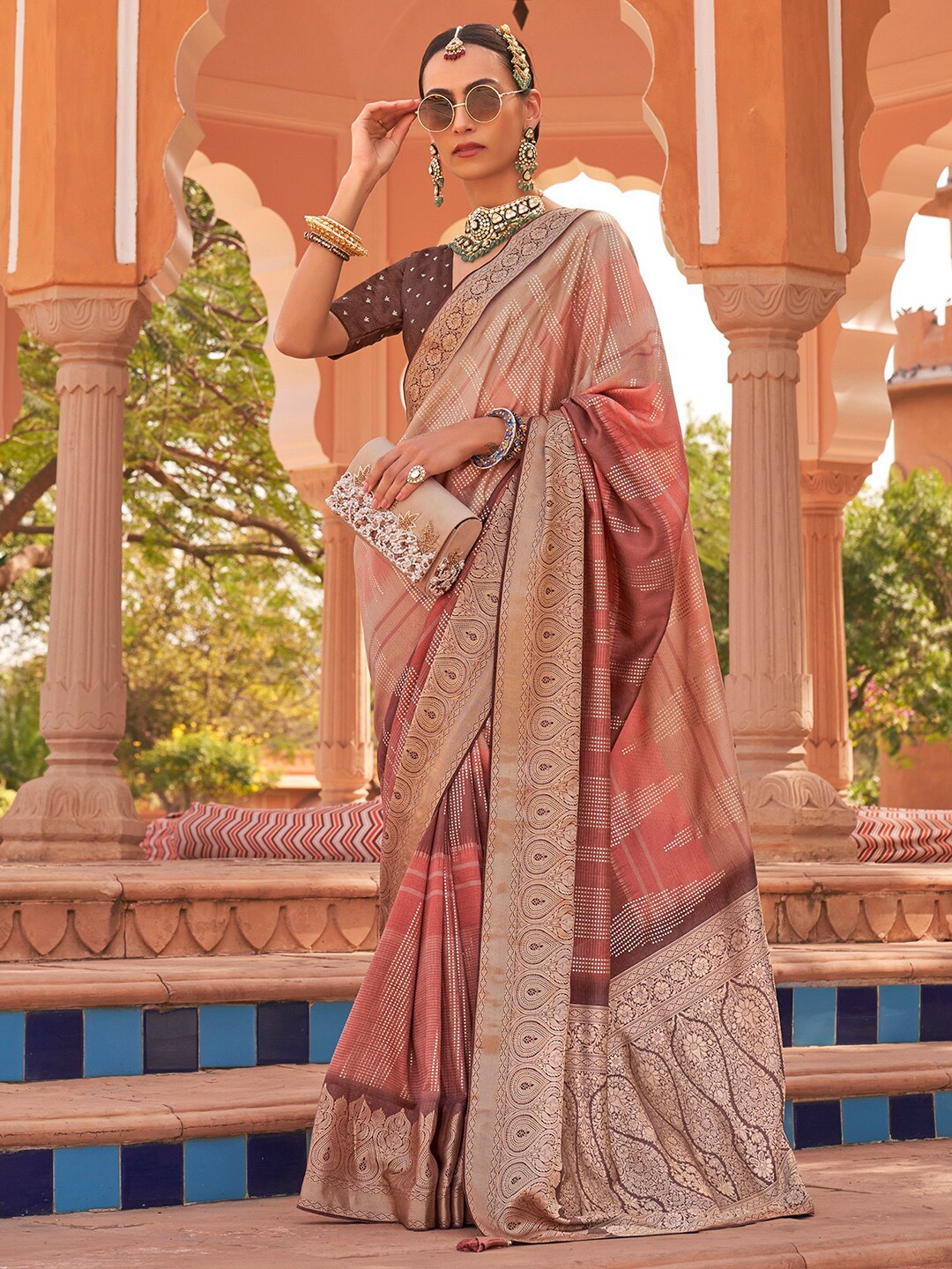 

Anouk Beige & Pink Zari Silk Blend Banarasi Saree