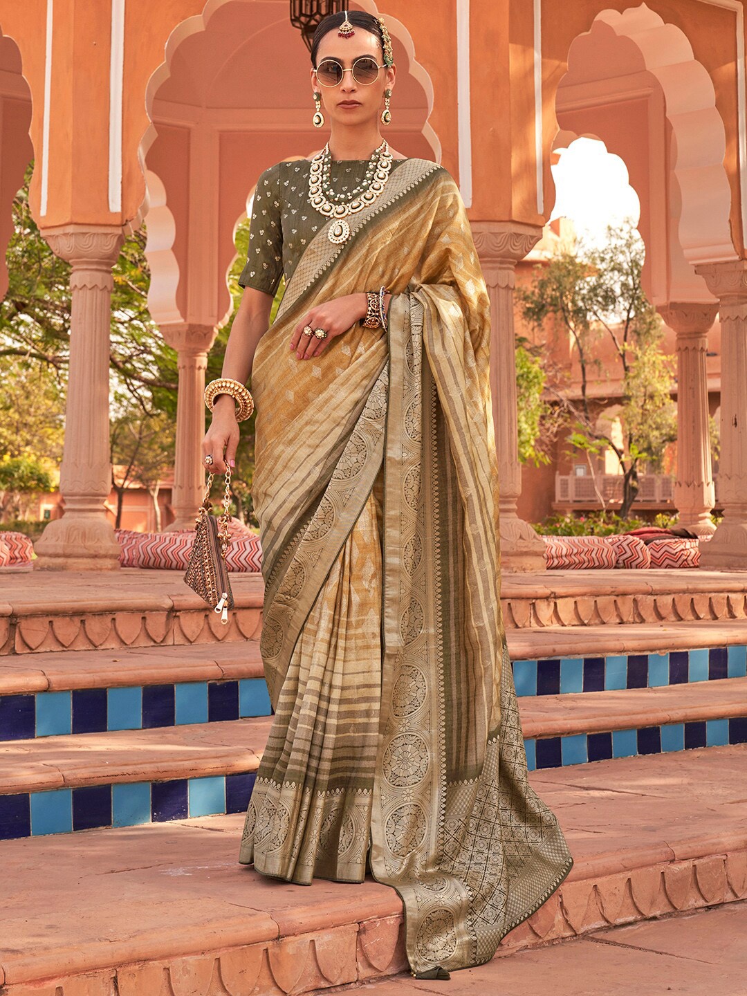 

Anouk Beige & Gold-Toned Zari Silk Blend Banarasi Saree