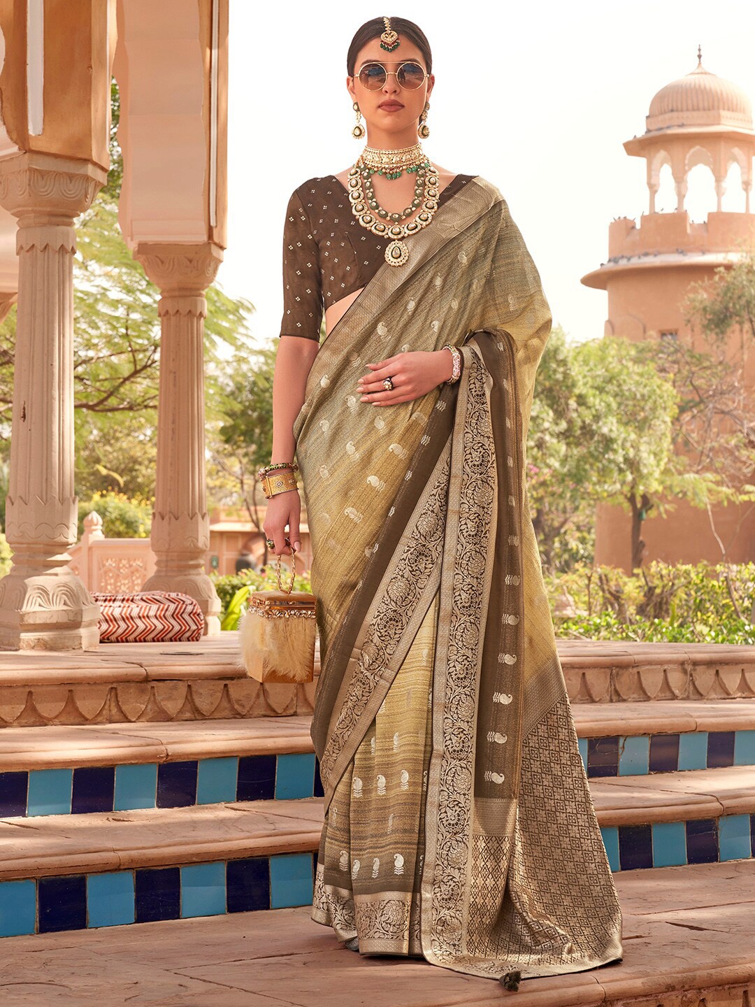 

Anouk Camel Brown & Gold-Toned Woven Design Zari Silk Blend Banarasi Saree