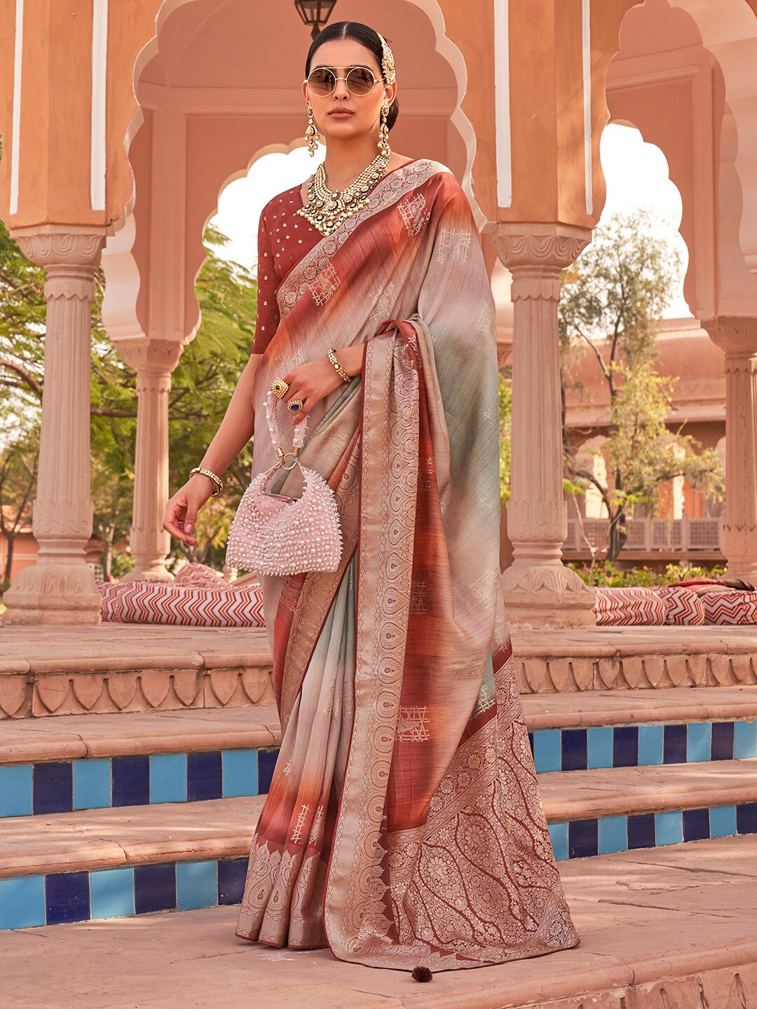 

Anouk Beige & Rust Ethnic Motifs Woven Design Zari Banarasi Saree