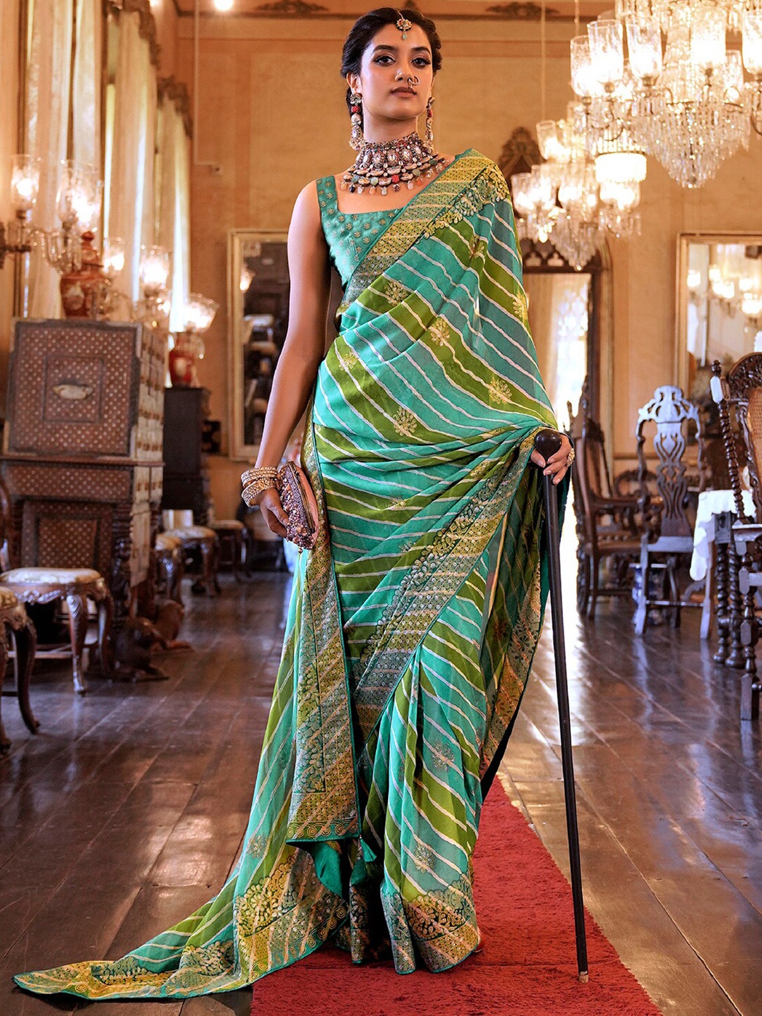 

Anouk Blue & Green Printed Embroidered Pure Georgette Leheriya Saree