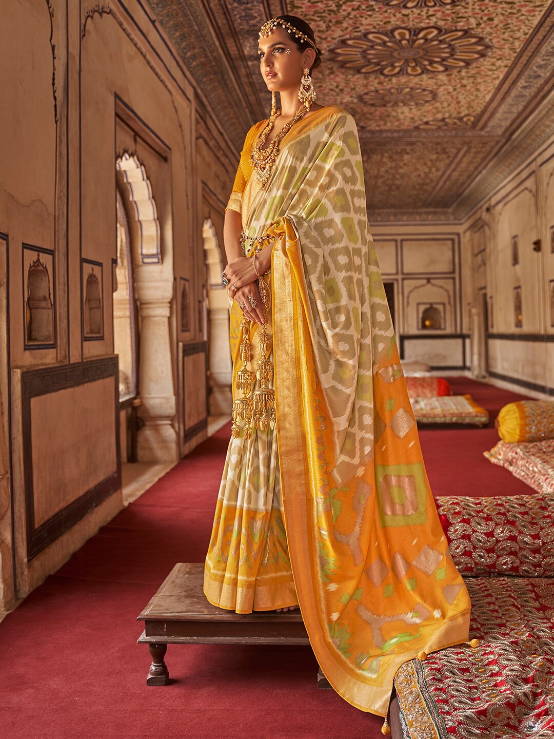 

Anouk Ethnic Motifs Zari Ikat Saree, Cream