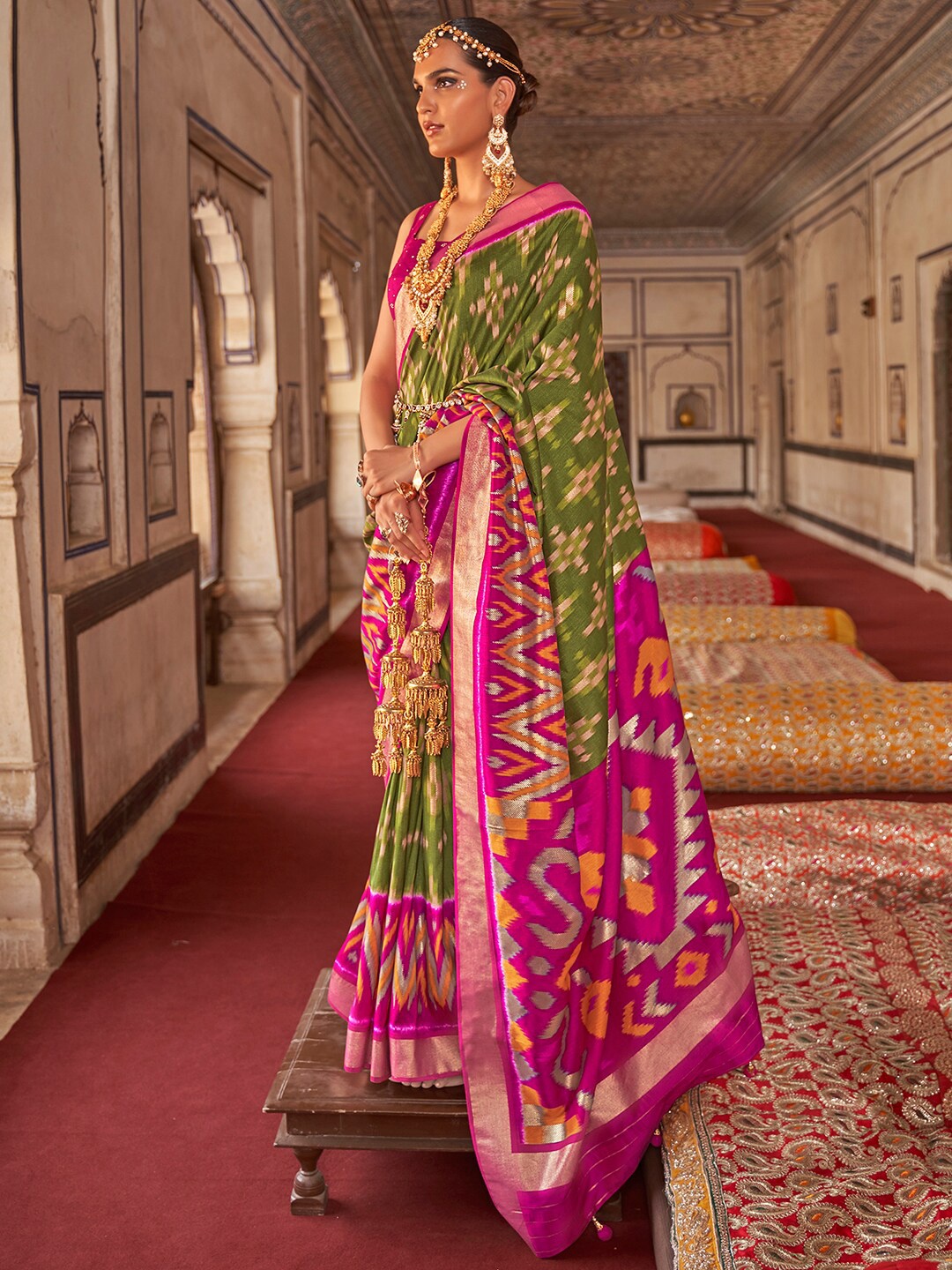 

Anouk Woven Design Zari Ikat Saree, Green