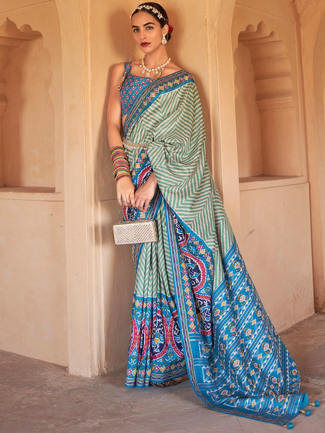

Anouk Ethnic Motifs Beads and Stones Patola Saree, Blue