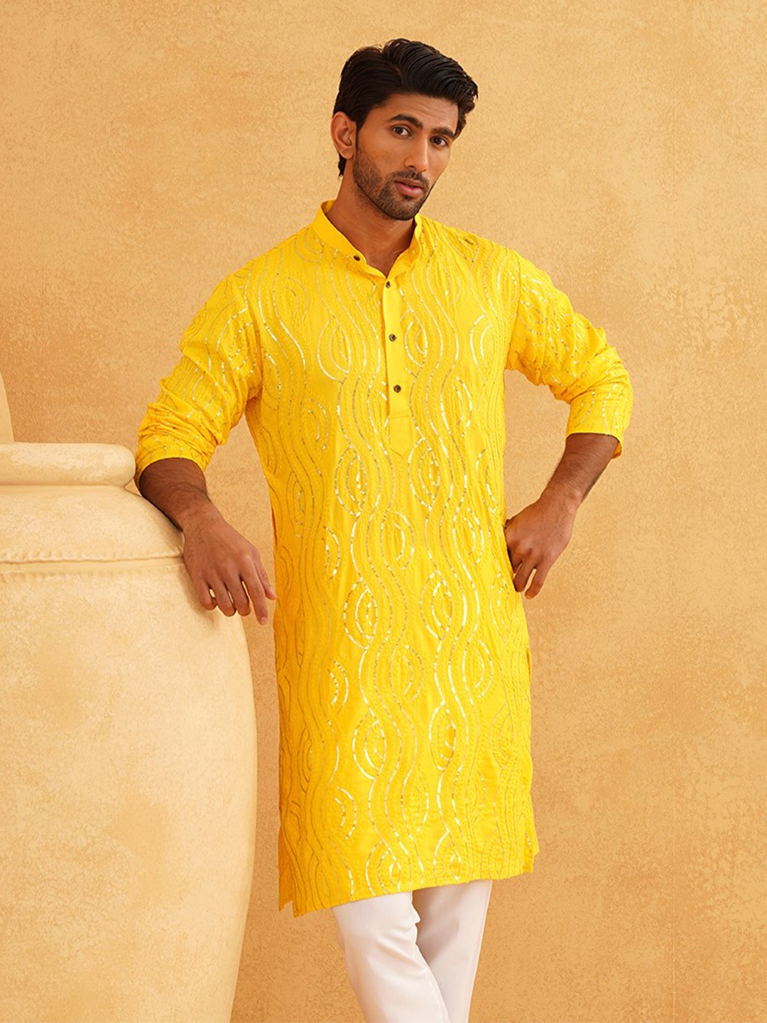 

SOJANYA Thread Work Pure Cotton Straight Kurta, Mustard