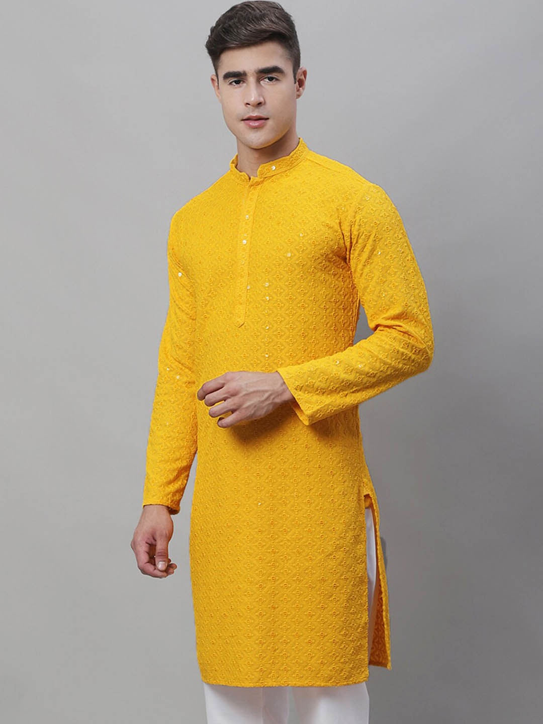 

SOJANYA Men Geometric Embroidered Pure Cotton Sequinned Kurta, Mustard