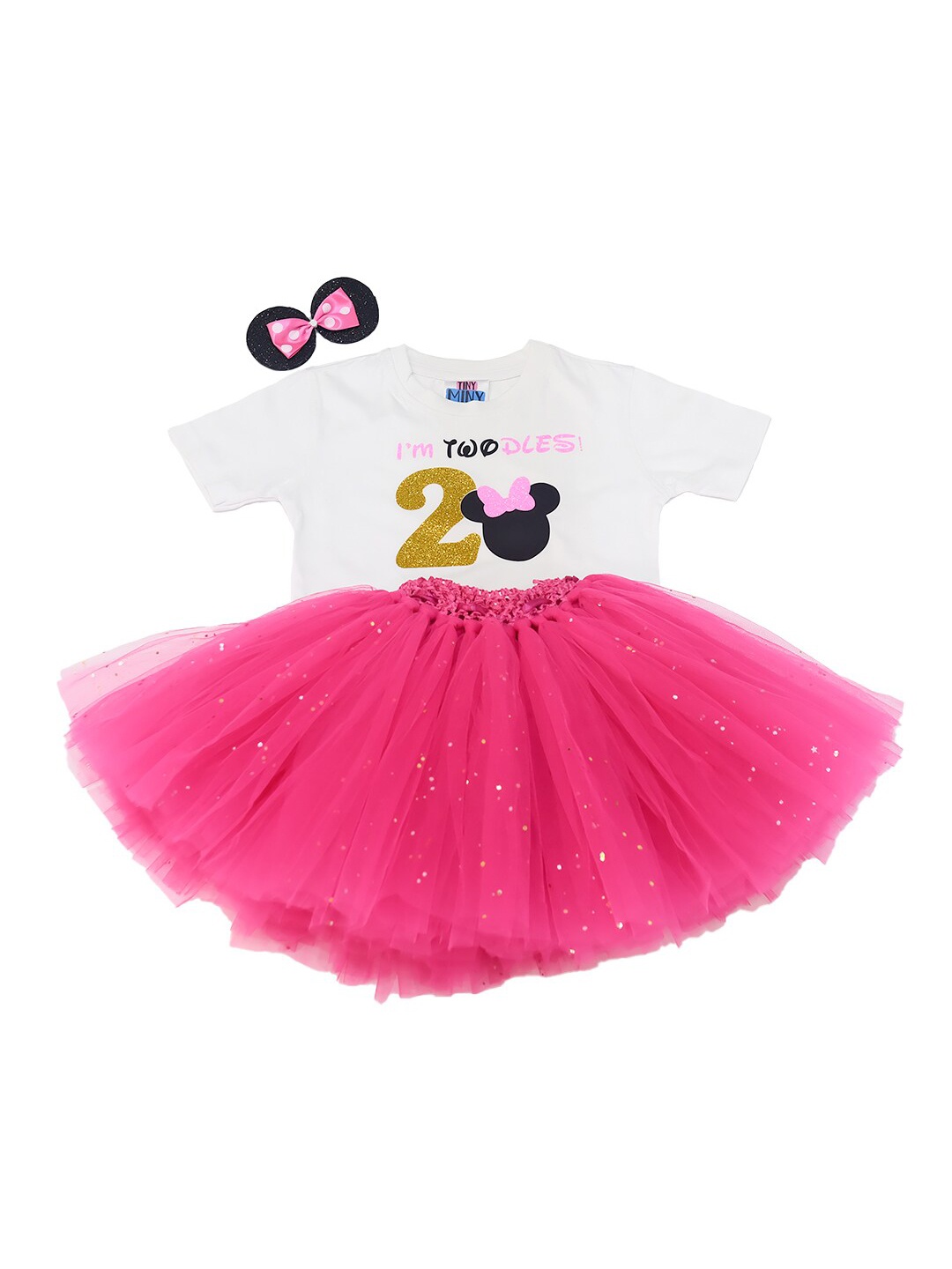 

TINY MINY ME Girls Printed T-Shirt & Skirt With Hairband, White