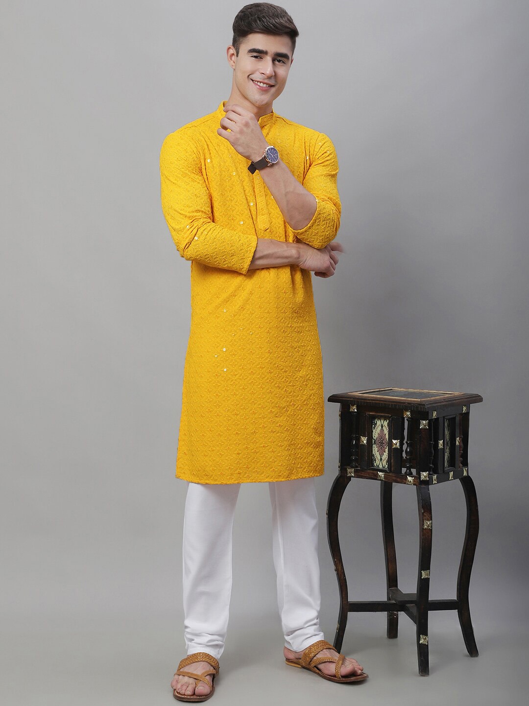 

SOJANYA Men Embroidered Regular Pure Cotton Kurta with Churidar, Mustard