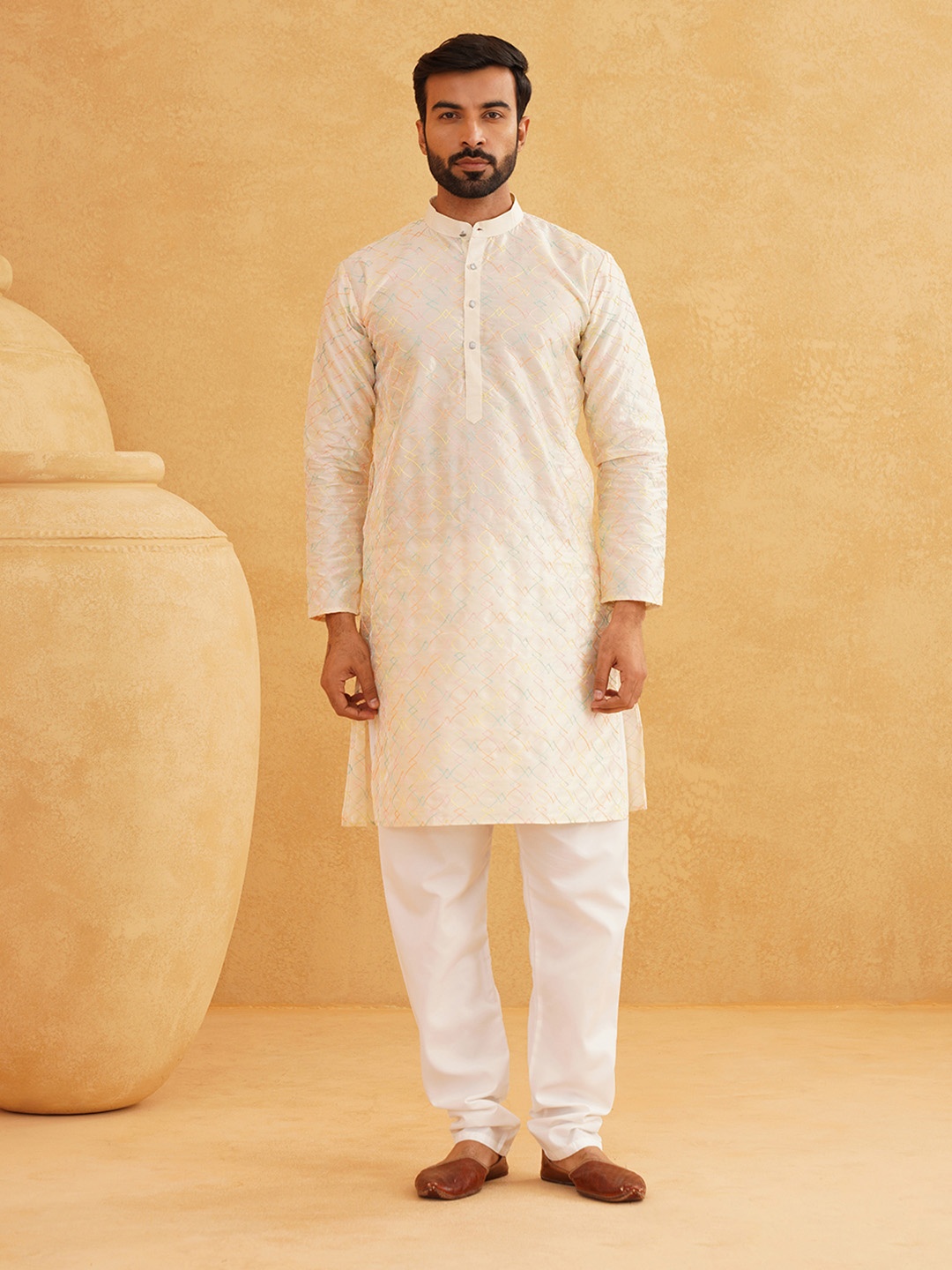 

SOJANYA Embroidered Thread Work Silk Cotton Kurta with Churidar, Cream