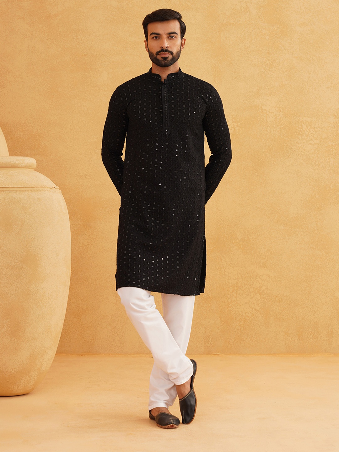 

SOJANYA Embroidered Sequinned Pure Cotton Kurta With Churidar, Black