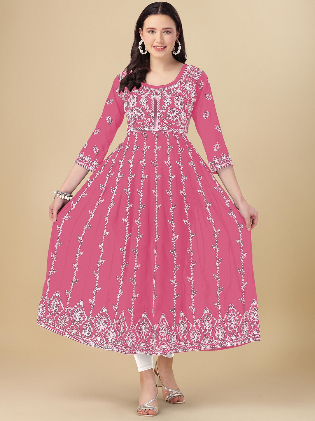 

Shree Ramkrishna Fab Floral Printed Georgette Anarkali Kurta, Pink