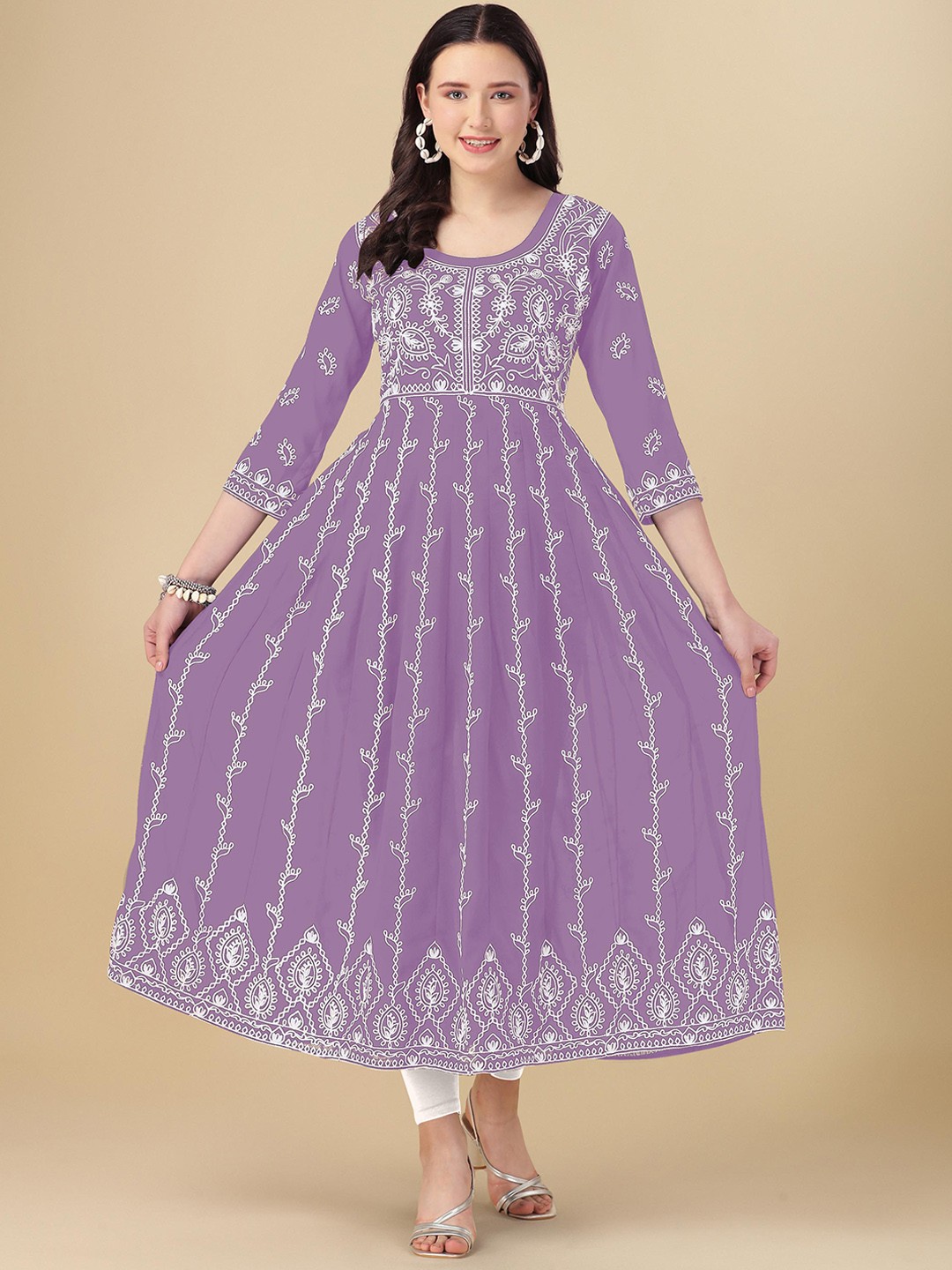 

Shree Ramkrishna Fab Embroidered Panelled Georgette Anarkali Kurta, Lavender