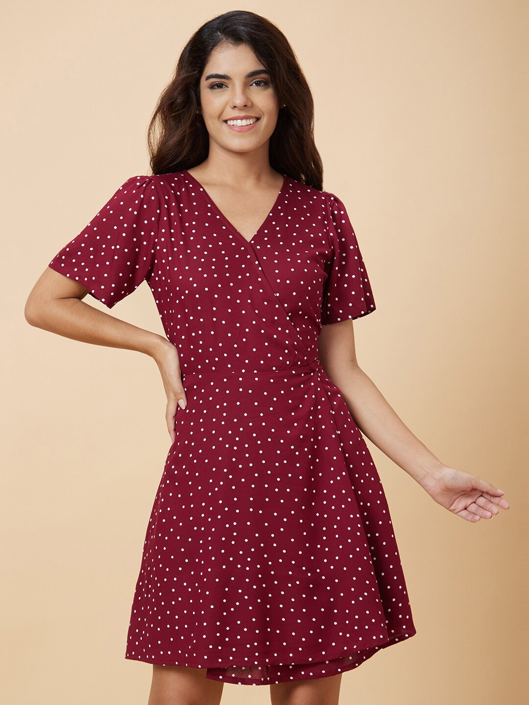 

Globus Maroon Polka Dot Print Mini Wrap Dress