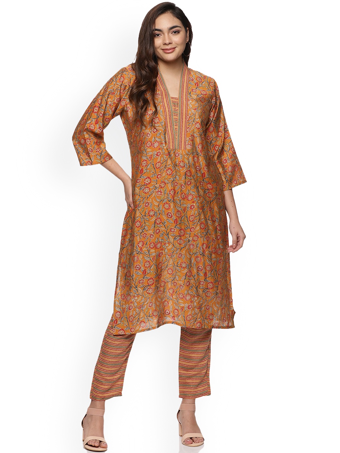 

Rhey Floral Printed Straight Kurta With Trousers, Brown