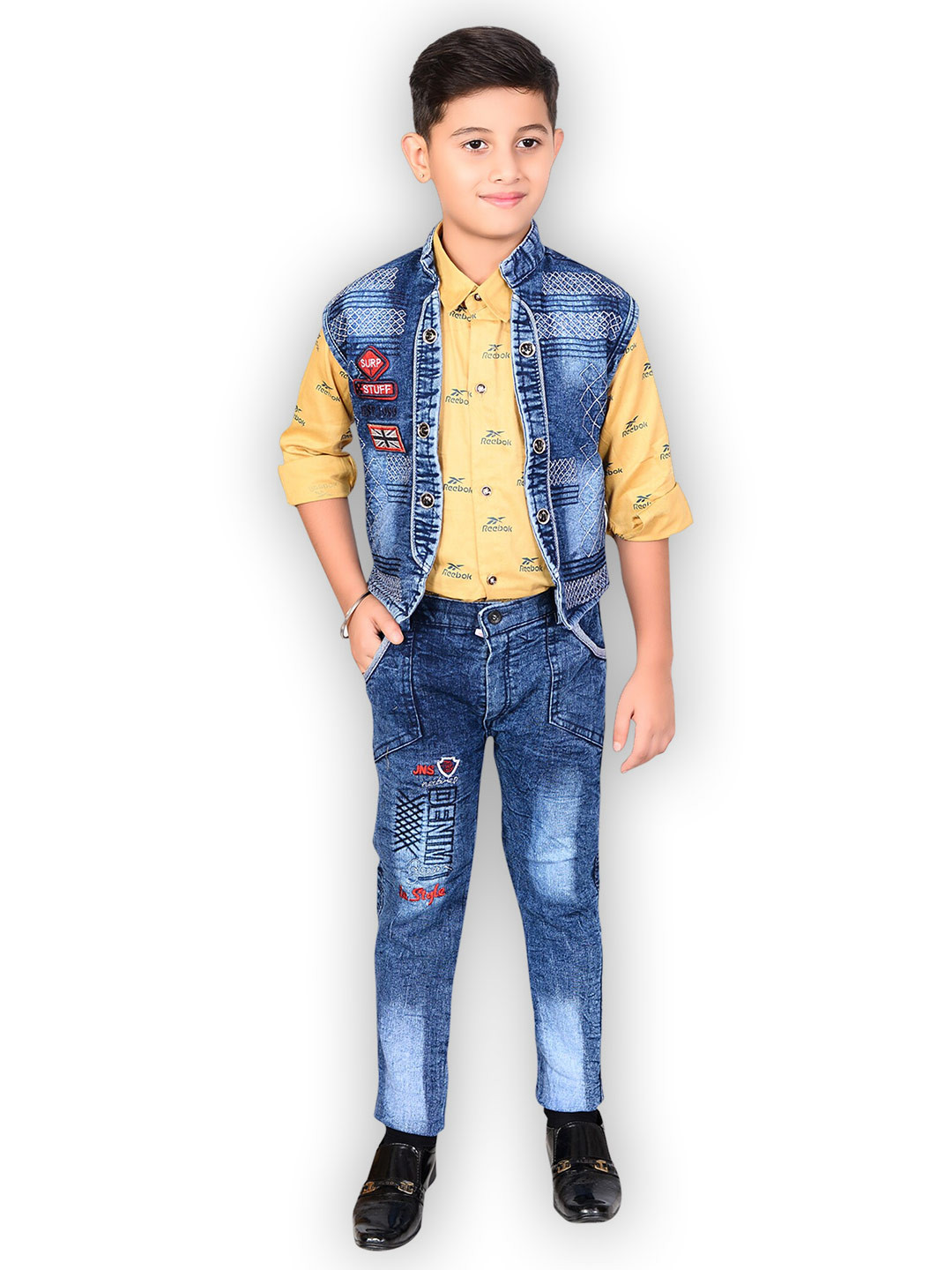 

BAESD Boys Typography Printed Shirt With Denim Trousers & Waistcoat, Mustard