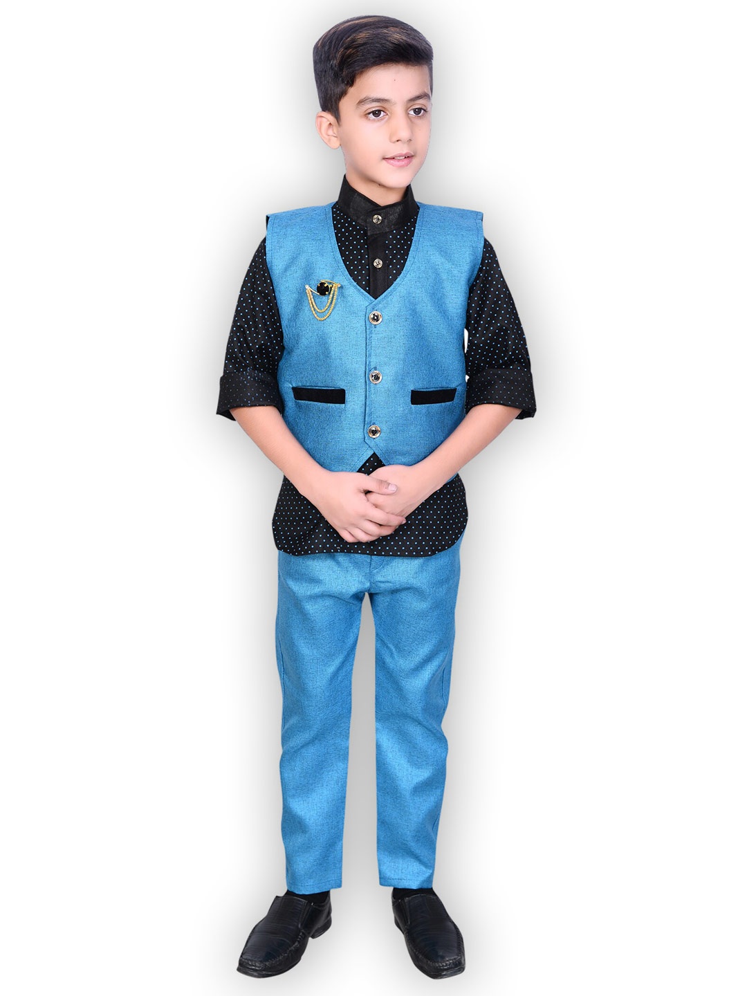 

BAESD Boys Printed Shirt with Trousers & Waistcoat, Turquoise blue