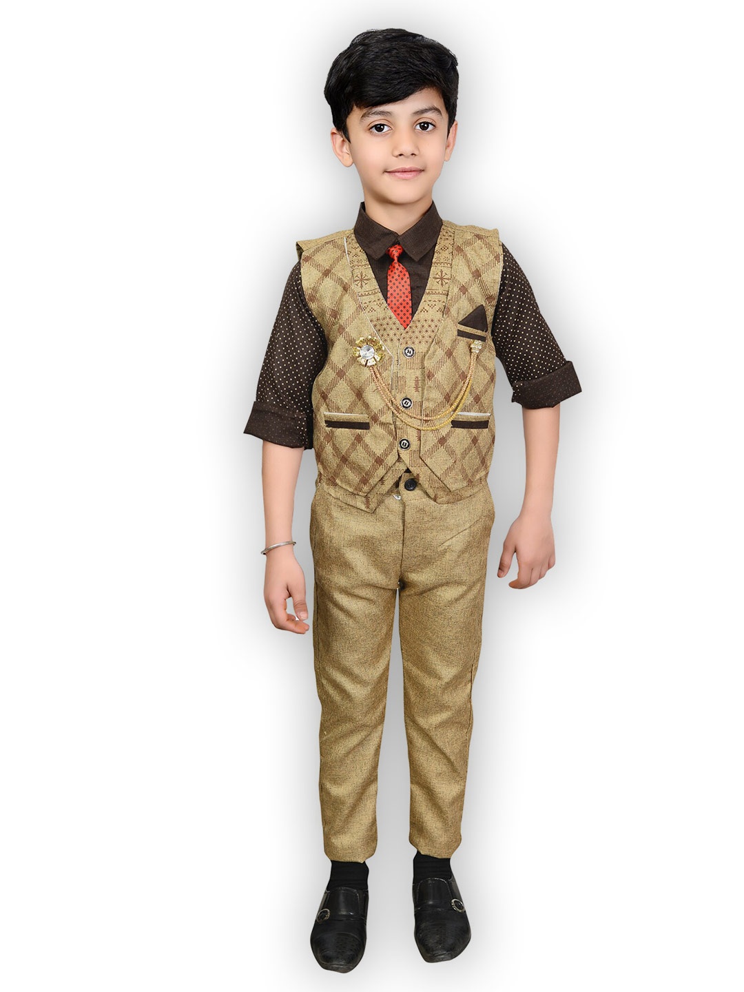 

BAESD Boys Printed Shirt with Trousers & Waistcoat, Brown