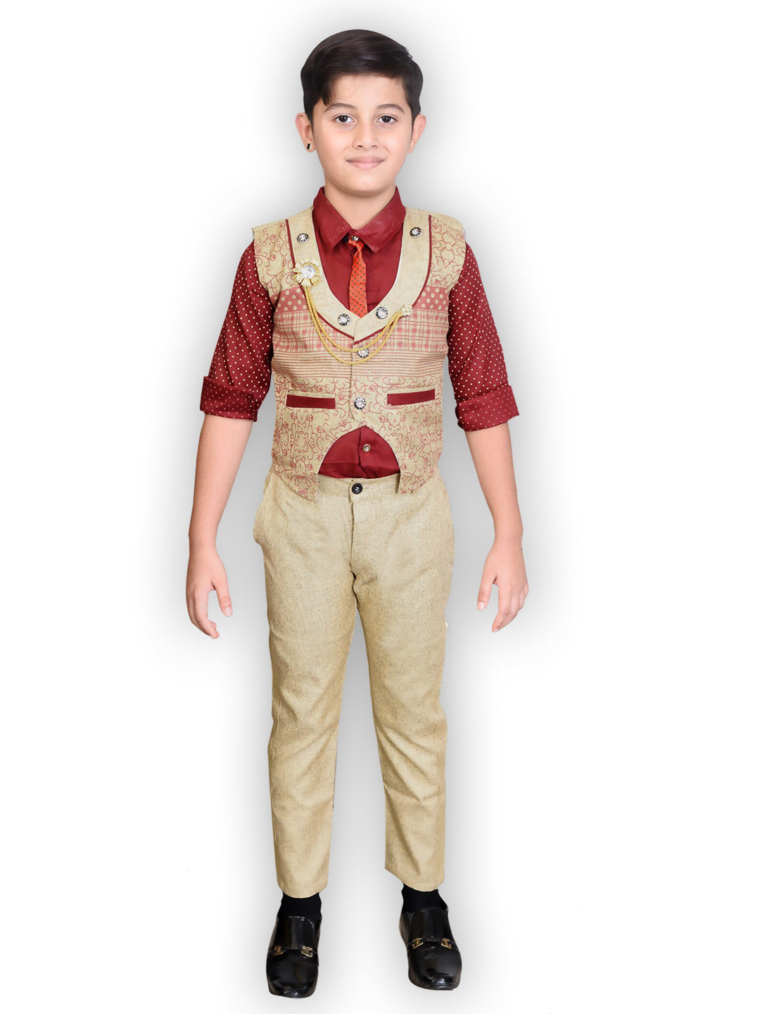 

BAESD Boys Printed Shirt with Trousers & Waistcoat, Maroon