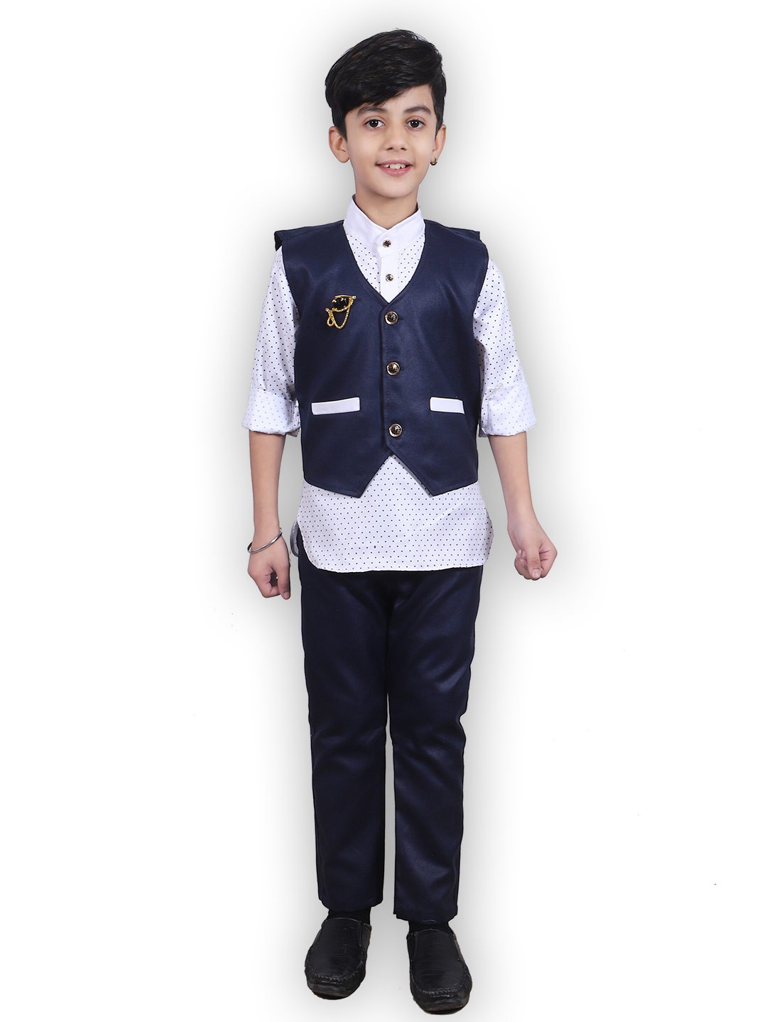 

BAESD Boys Printed Shirt With Trousers & Waistcoat, Navy blue
