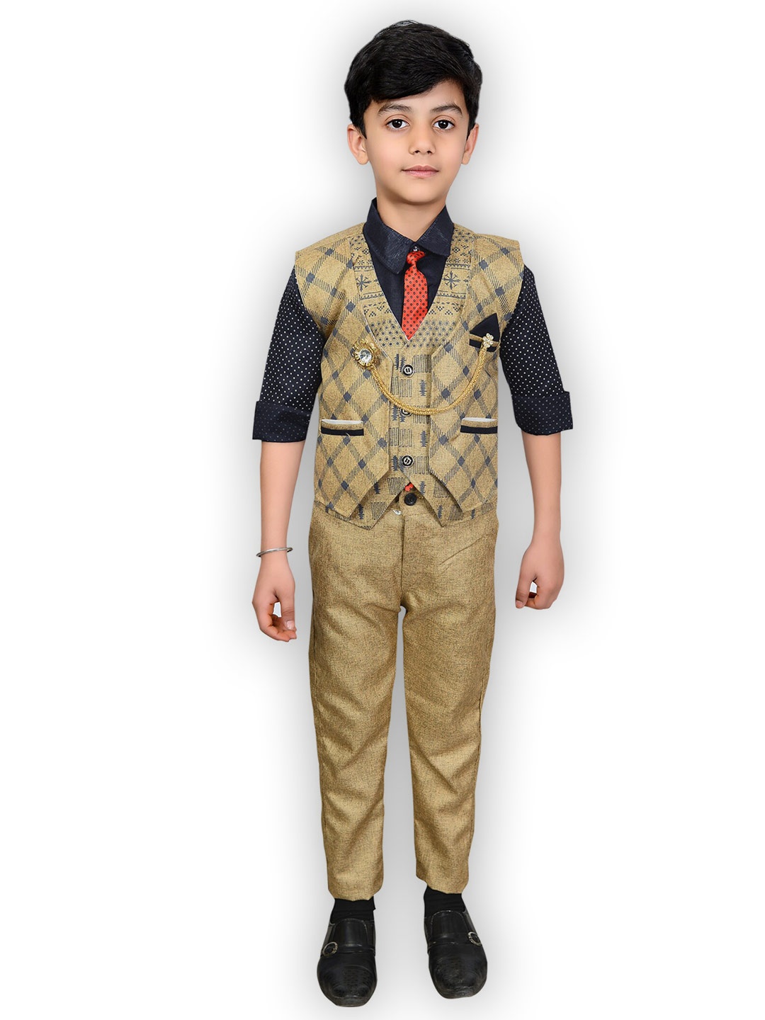 

BAESD Boys Printed Shirt with Trousers & Waistcoat, Navy blue