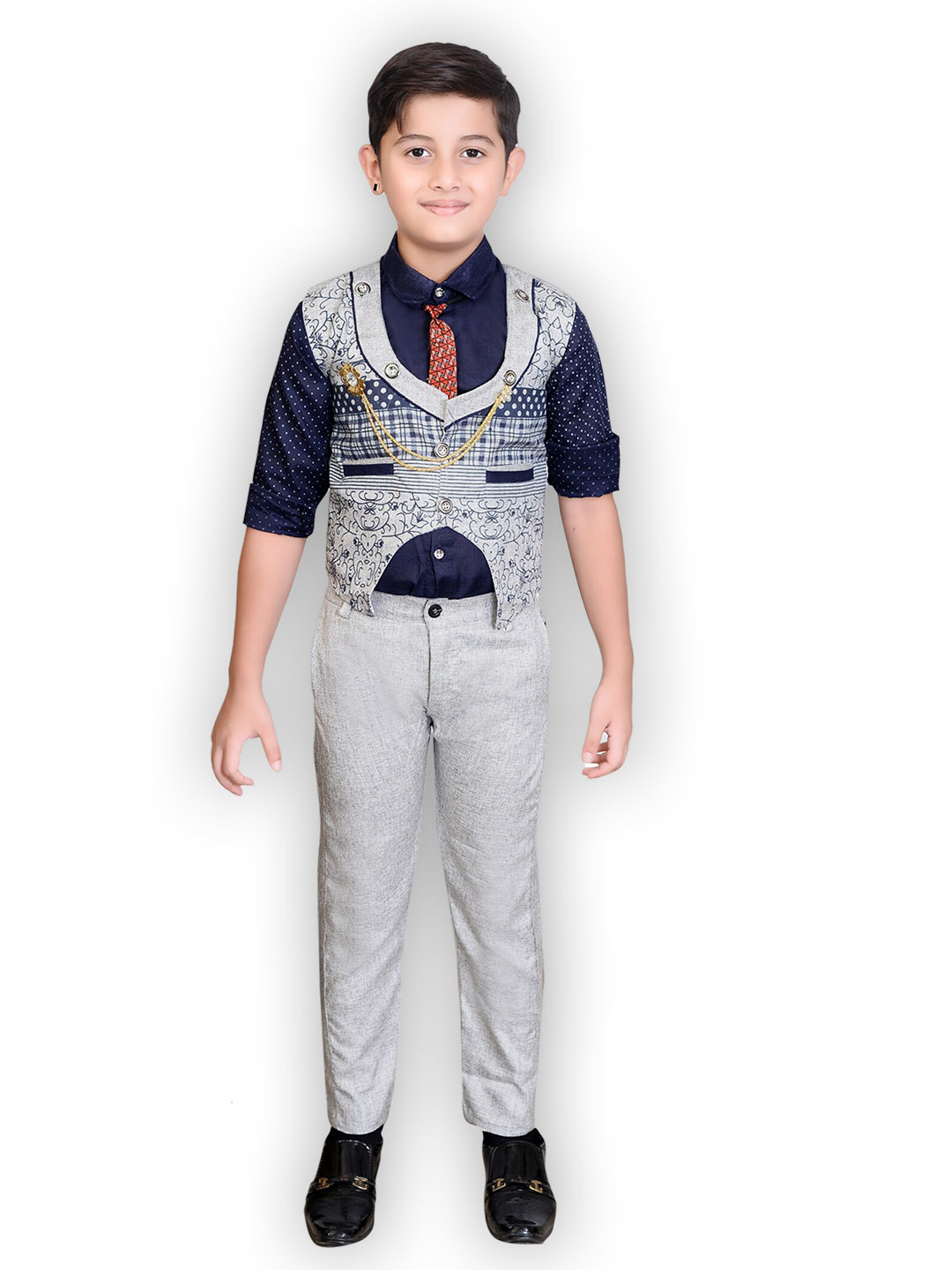 

BAESD Boys Printed Shirt with Trousers & Waistcoat, Navy blue
