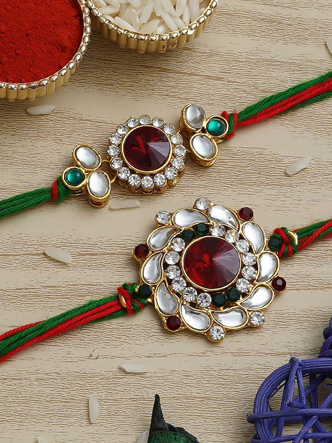 

Fashion Bizz Set of 2 Stone-Studded Designer Thread Rakhi, Maroon