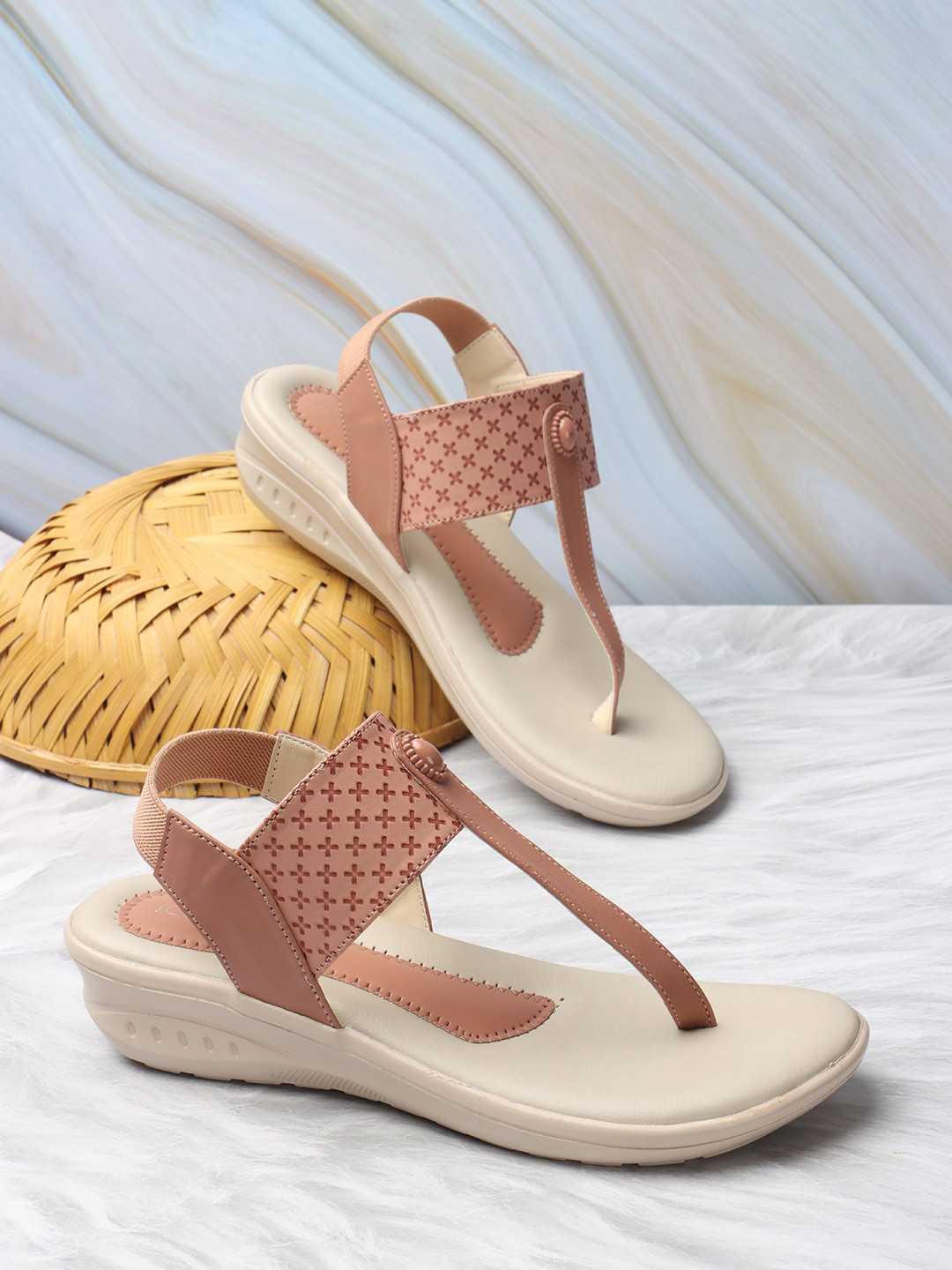 

ICONICS Laser Cut T-Strap Comfort Heels, Peach