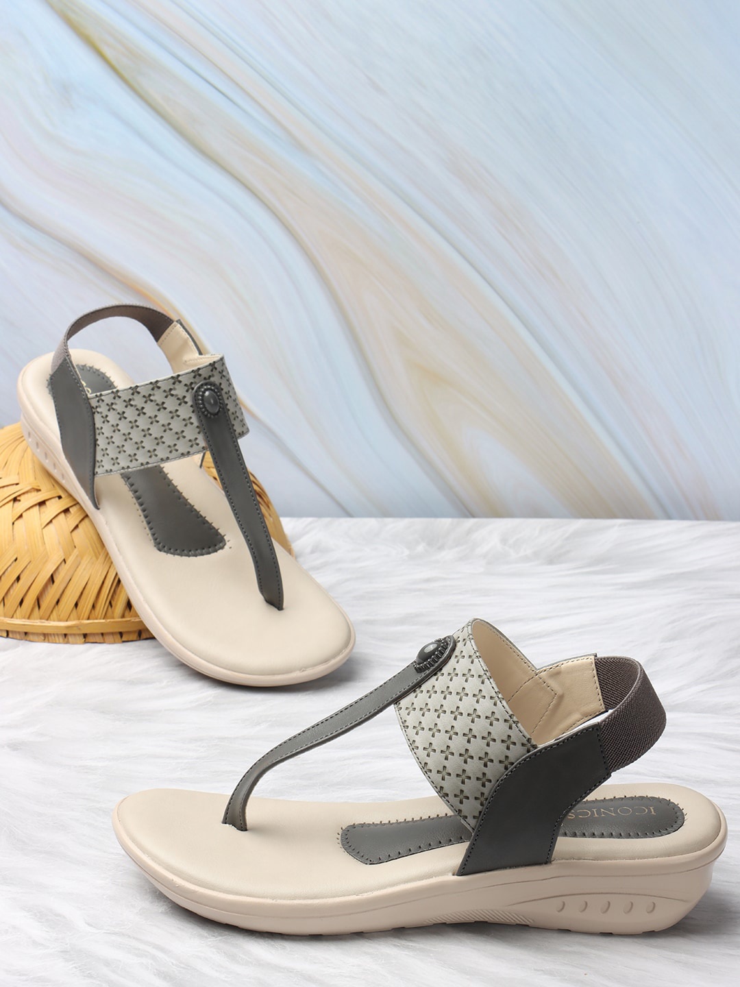 

ICONICS Laser Cut T-Strap Comfort Heels, Grey