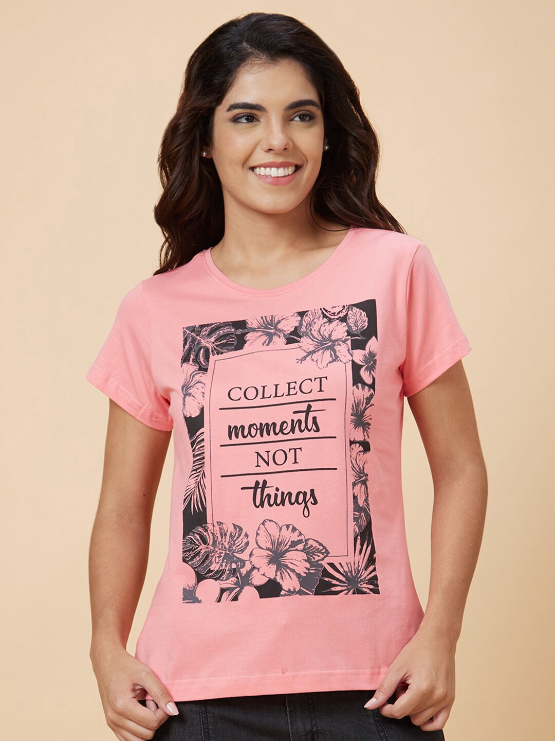 

Globus Women Pink Typography Printed Extended Sleeves Ethnic Pure Cotton T-shirt
