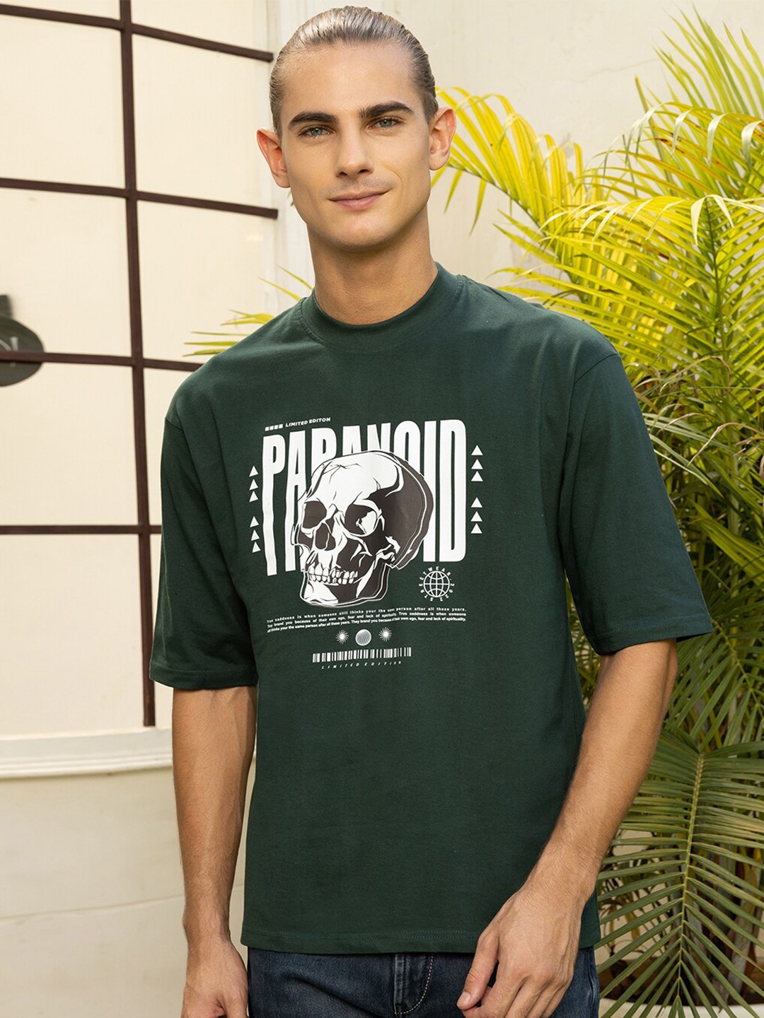 

Gavin Paris Graphic Printed Cotton Drop-Shoulder Sleeves Oversized T-shirts, Green