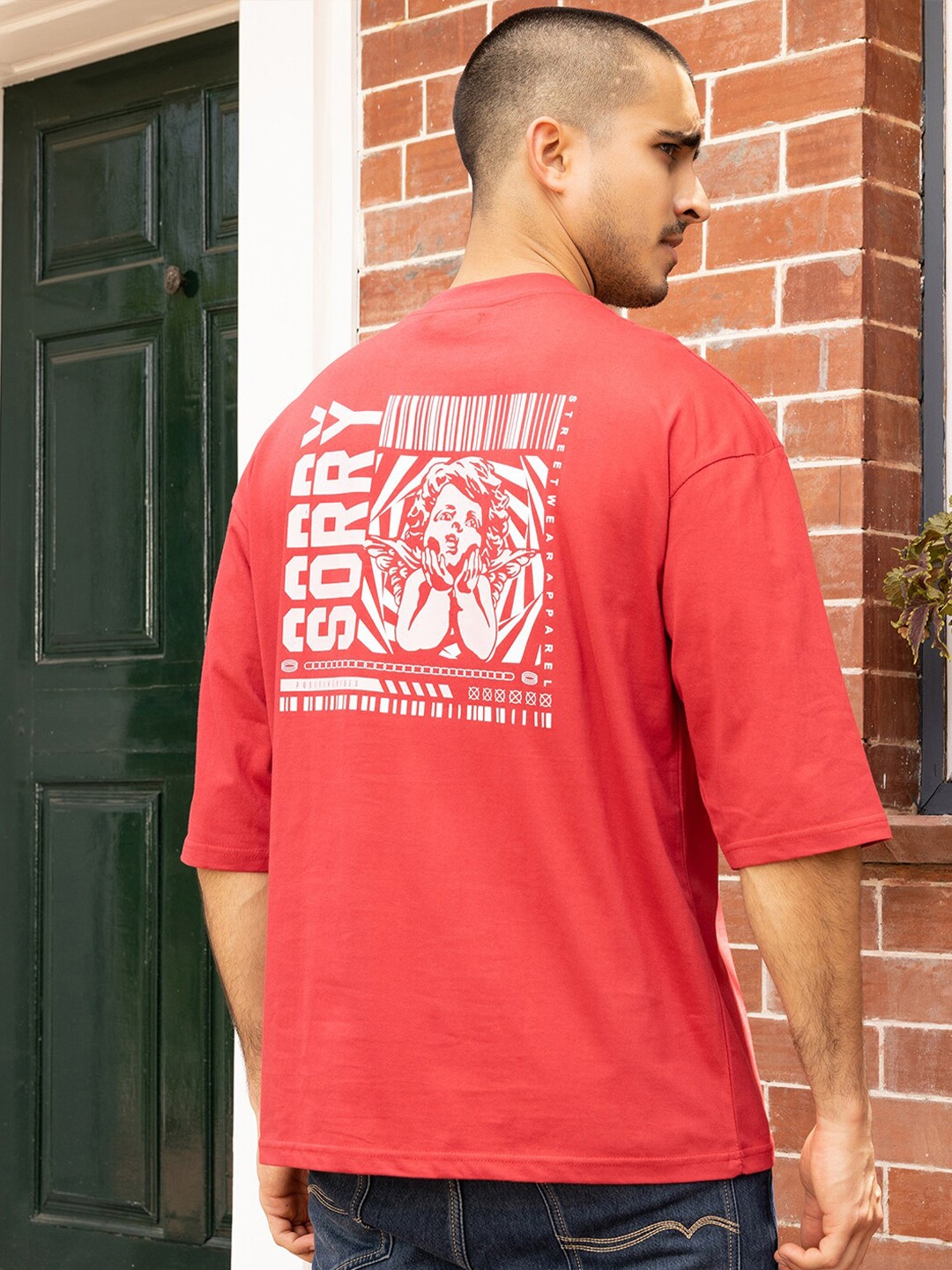

Gavin Paris Graphic Printed Cotton Drop Shoulder Oversized T-shirt, Red