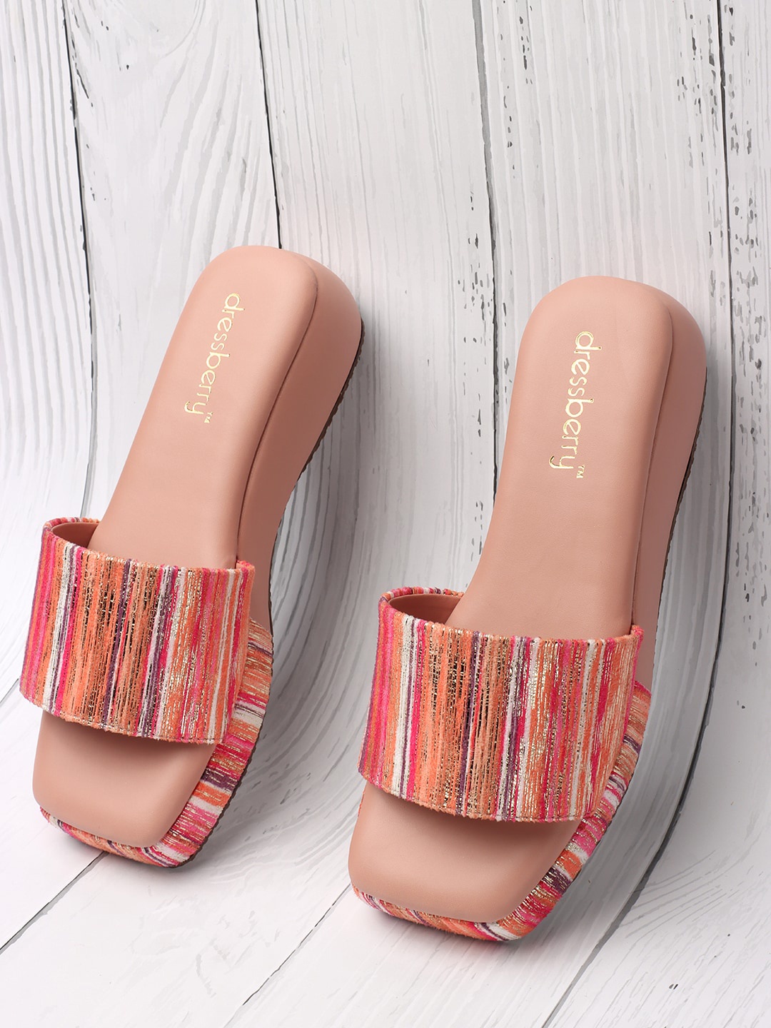 

DressBerry Peach Striped Square Open Toe Flats