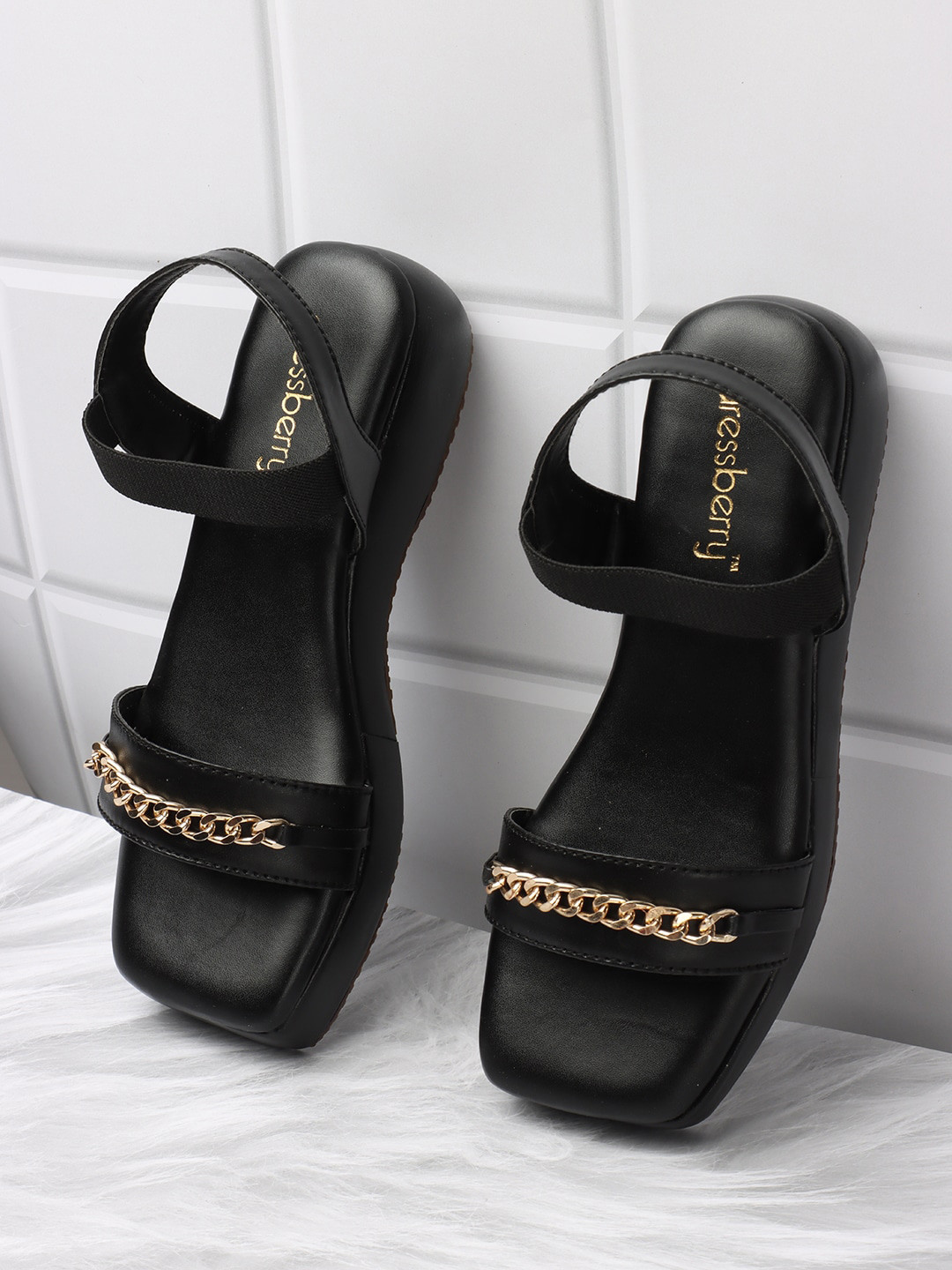 

DressBerry Women Black Embellished Open Toe Flats With Backstrap