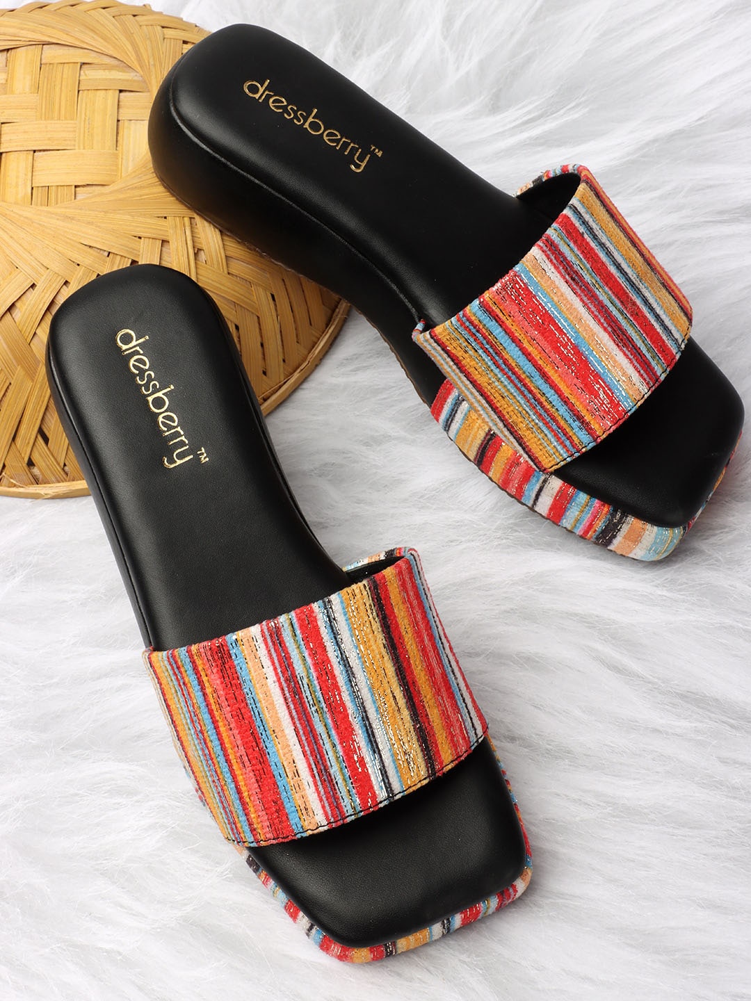 

DressBerry Striped Square Open Toe Flats, Black