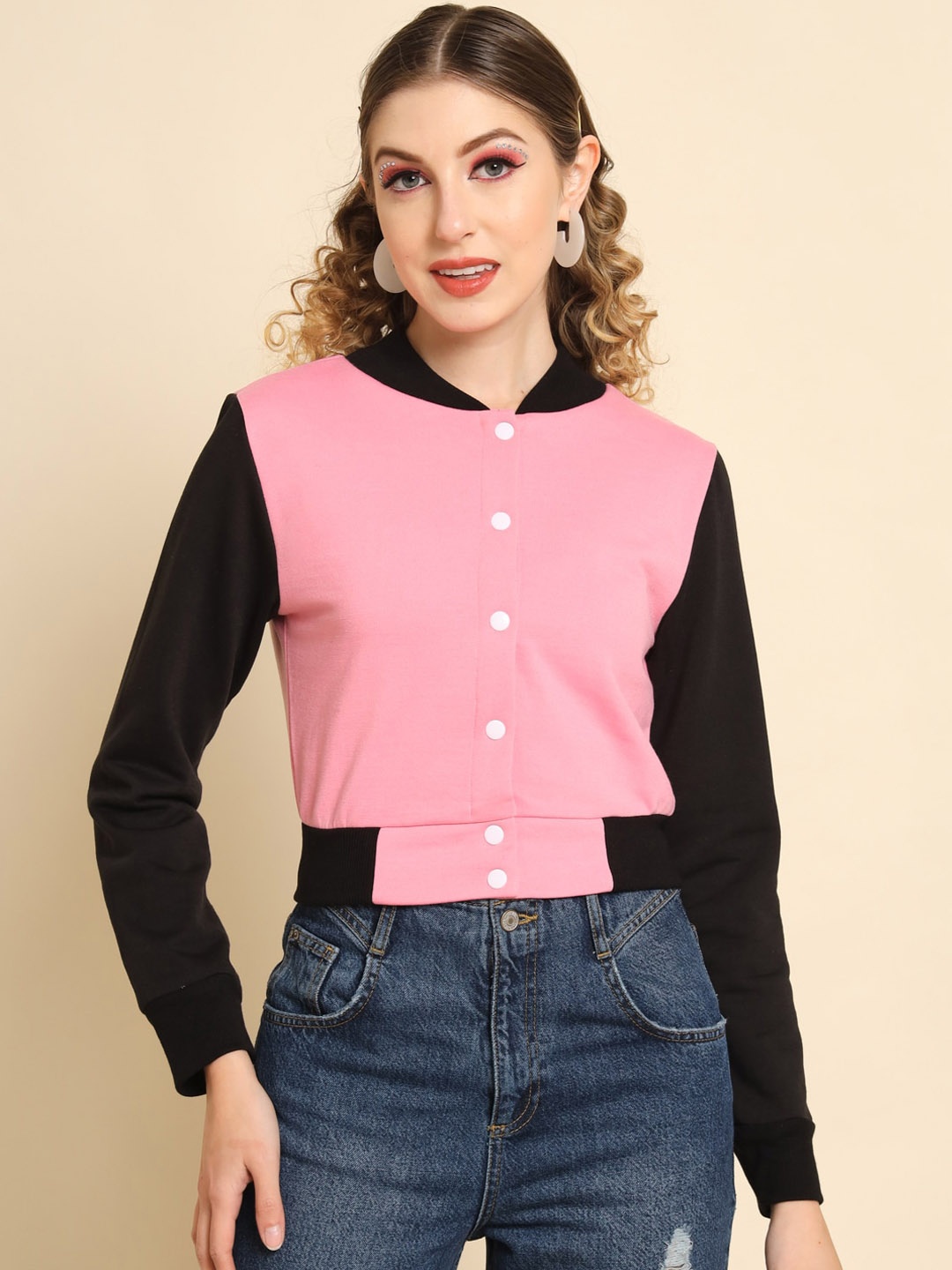 

BAESD Colourblocked Fleece Crop Bomber Jacket, Pink