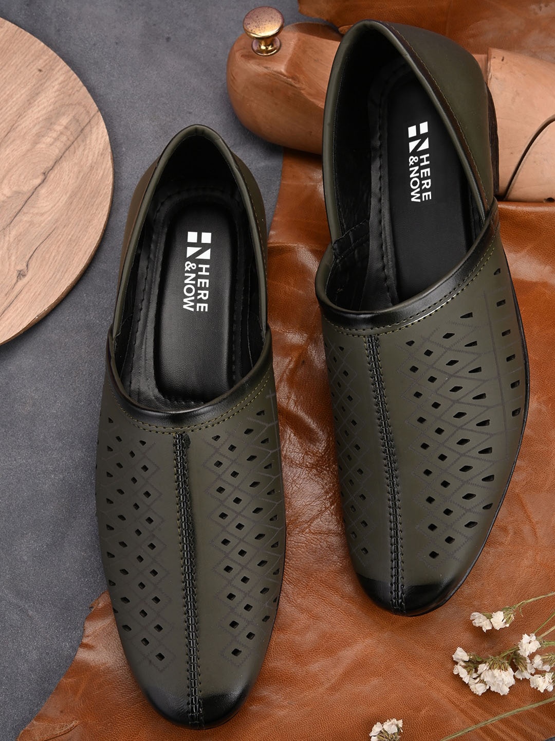

HERE&NOW Men Olive Green Perforations Lightweight Slip-On Loafers