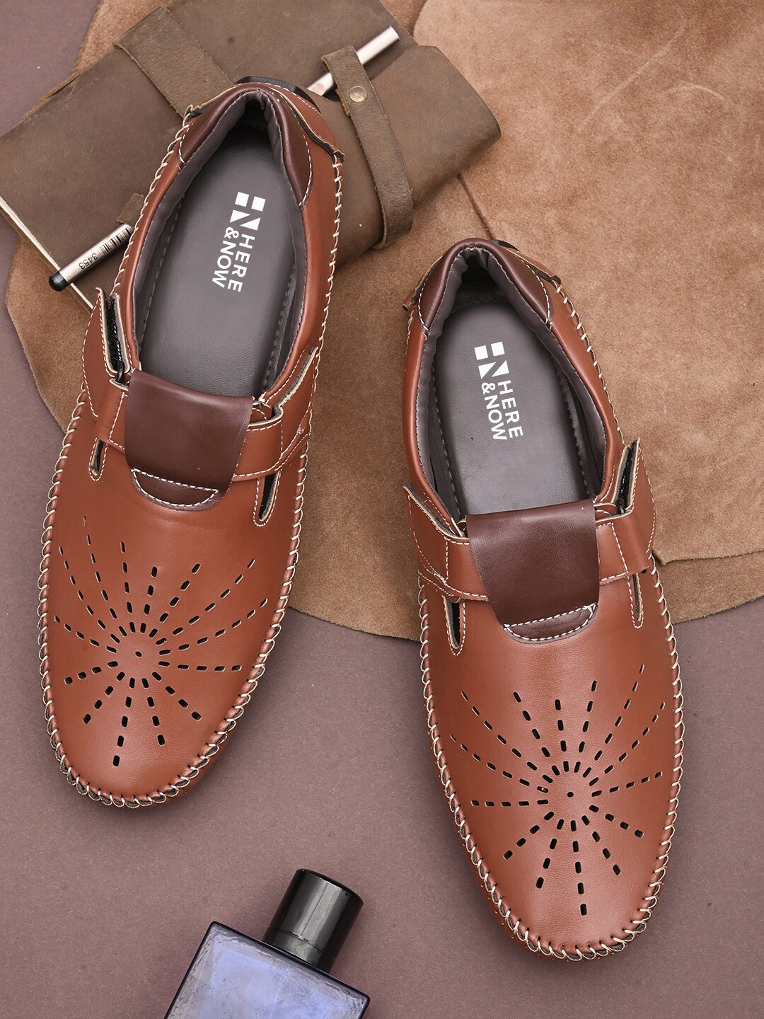 

HERE&NOW Men Tan Brown Perforated Shoe-Style Sandals
