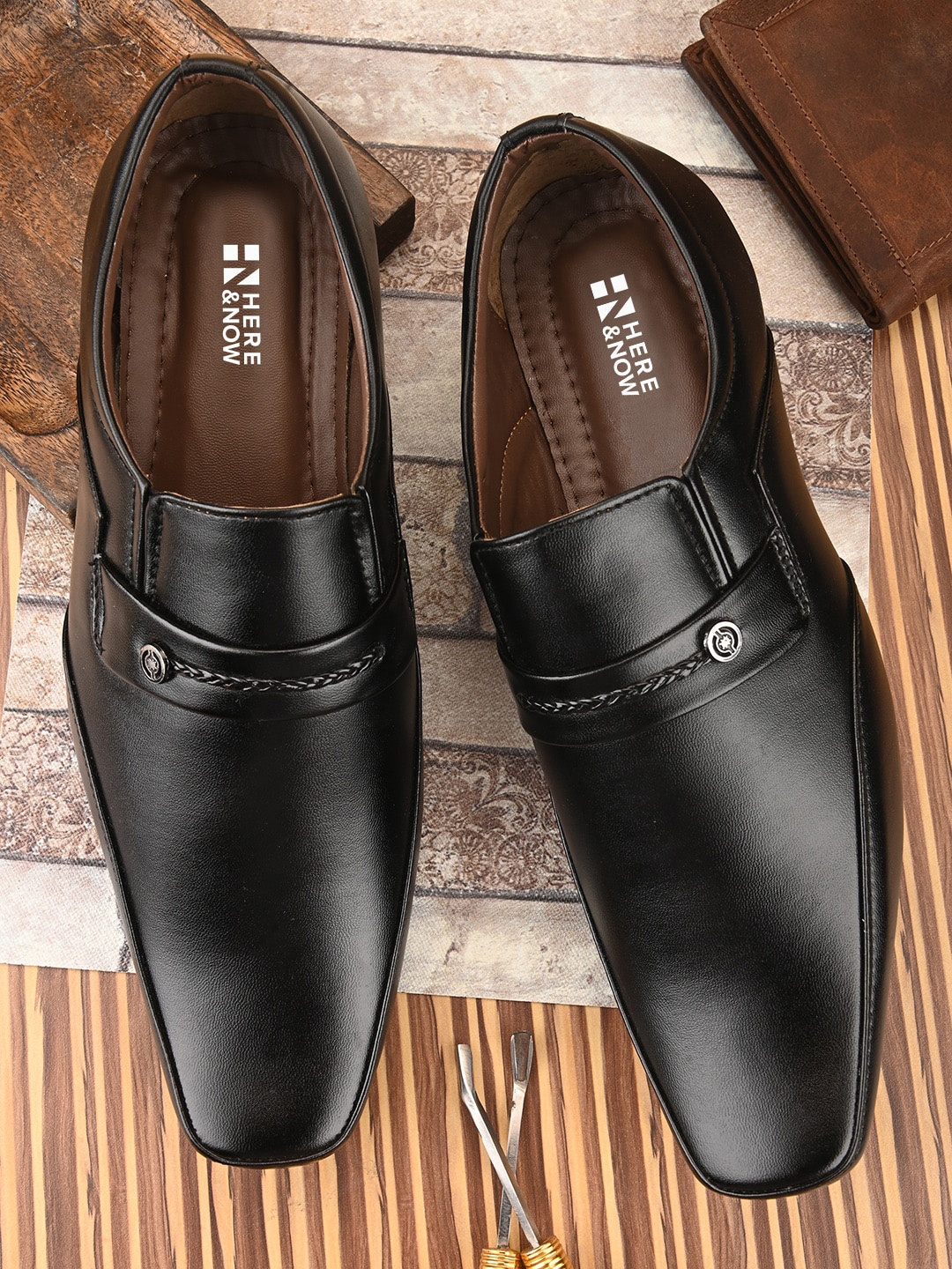 

HERE&NOW Men Black Square Toe Formal Slip-On Shoes