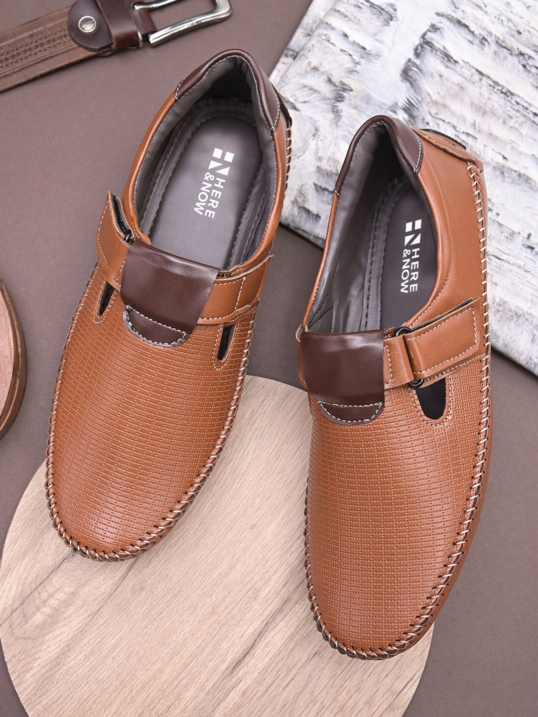 

HERE&NOW Men Tan Brown Perforated Shoe-Style Sandals