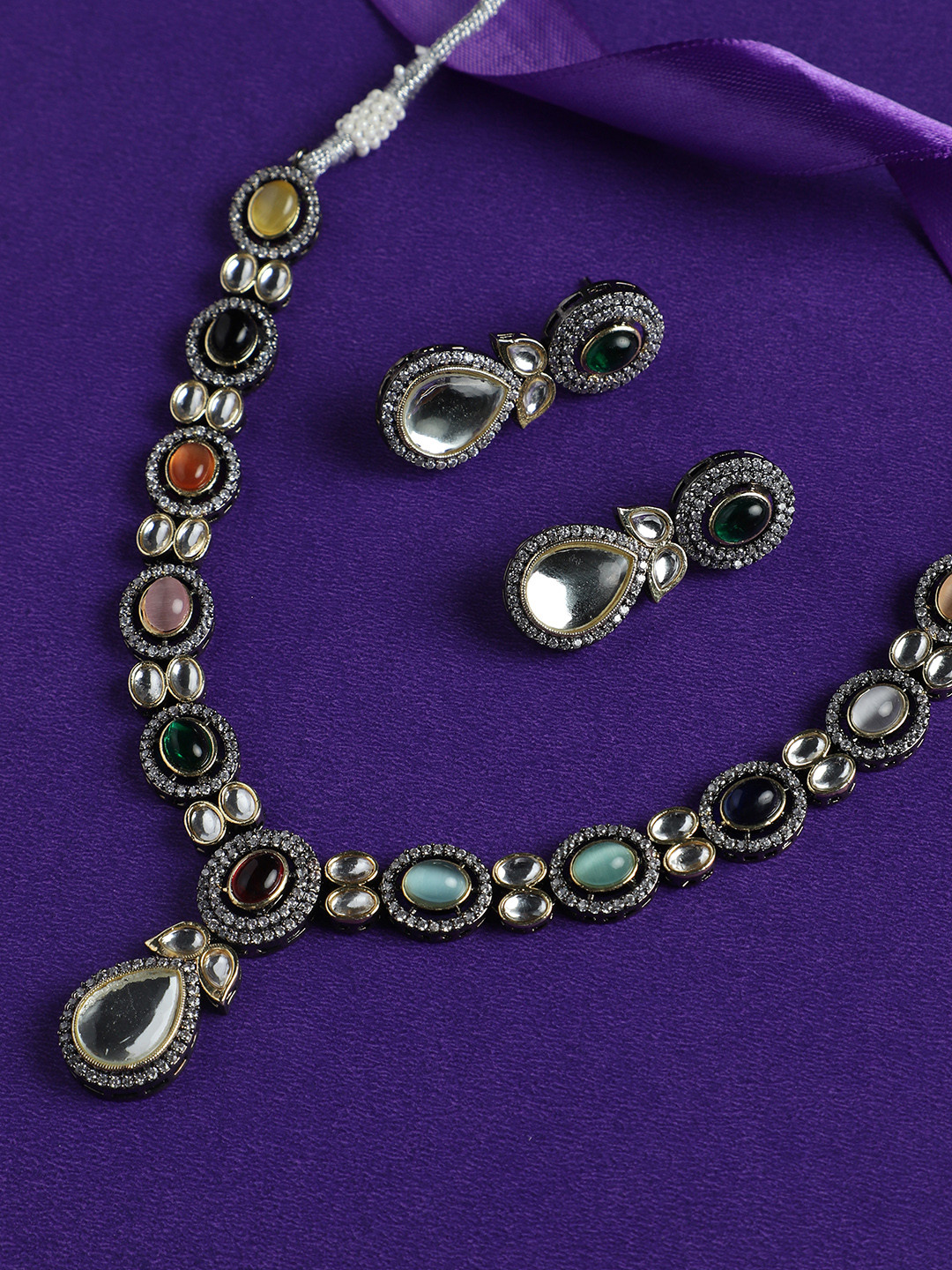 

justpeachy Rhodium-Plated Stone Studded Jewellery Set, Silver