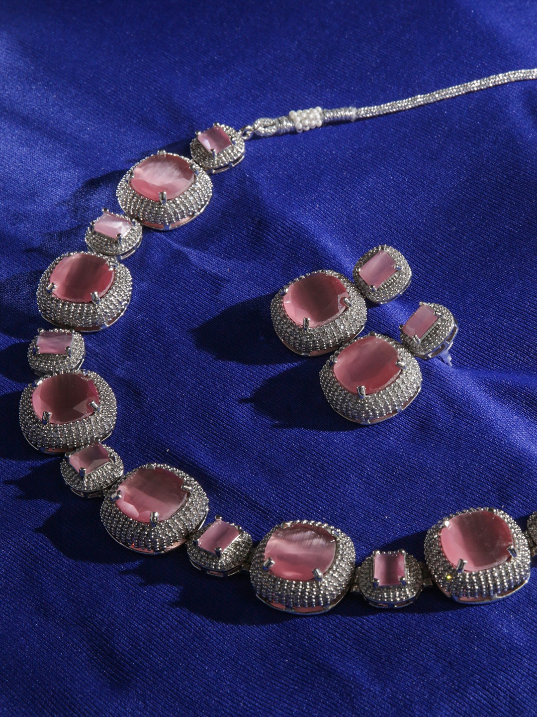 

justpeachy Rhodium-Plated American Diamond-Studded Necklace & Earrings, Silver