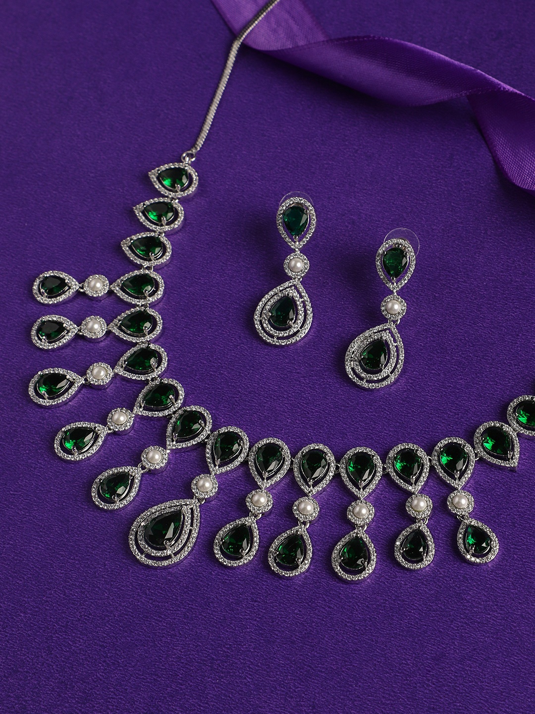 

justpeachy Rhodium-Plated AD-Studded Jewellery Set, Silver