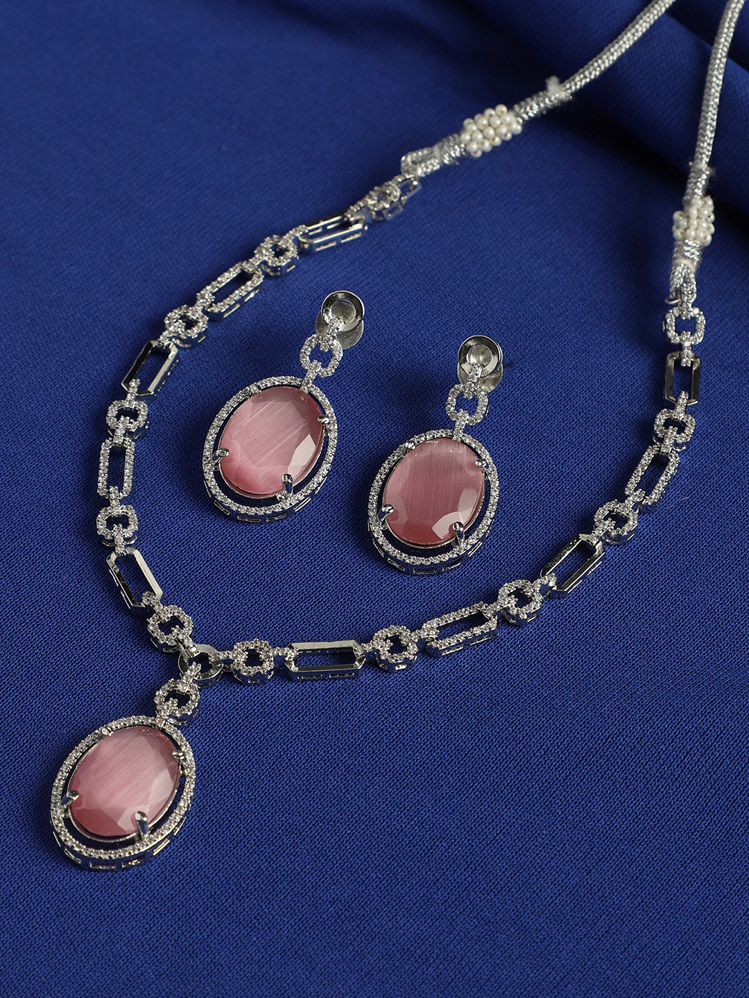 

justpeachy Rhodium-Plated AD-Studded Jewellery Set, Silver