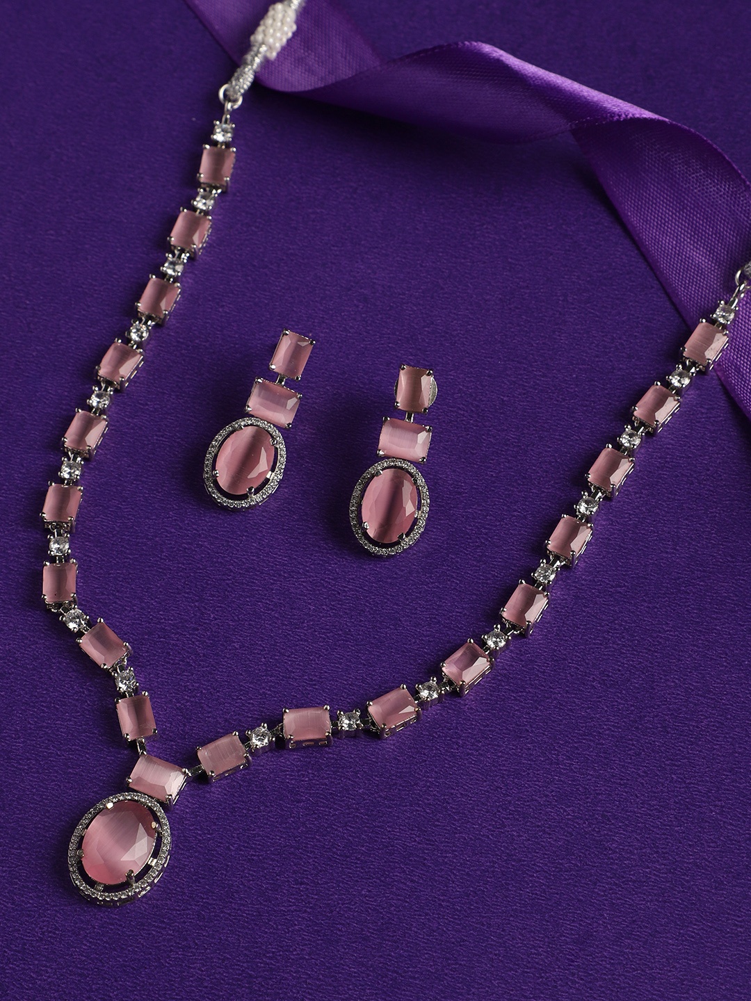 

justpeachy Rhodium-Plated American Diamon-Studded Jewellery Set, Silver